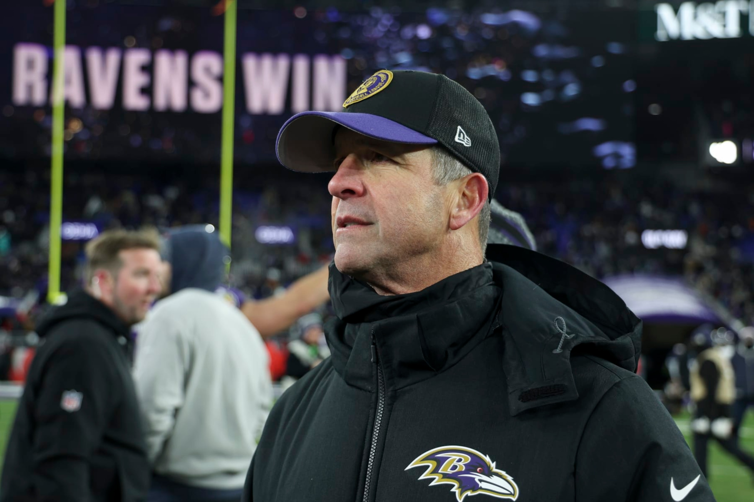 BALTIMORE, MARYLAND - JANUARY 20: Head coach John Harbaugh of the Baltimore Ravens looks on after an NFL Divisional Round playoff game against the Houston Texans at M&T Bank Stadium on January 20, 2024 in Baltimore, Maryland. (Photo by Kara Durrette/Getty Images)