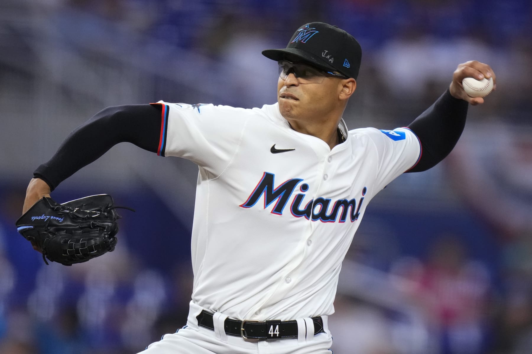 MIAMI, FLORIDA - APRIL 02: Jesus Luzardo #44 of the Miami Marlins throws a pitch during a game against the Los Angeles Angels at loanDepot park on April 02, 2024 in Miami, Florida. (Photo by Rich Storry/Getty Images)