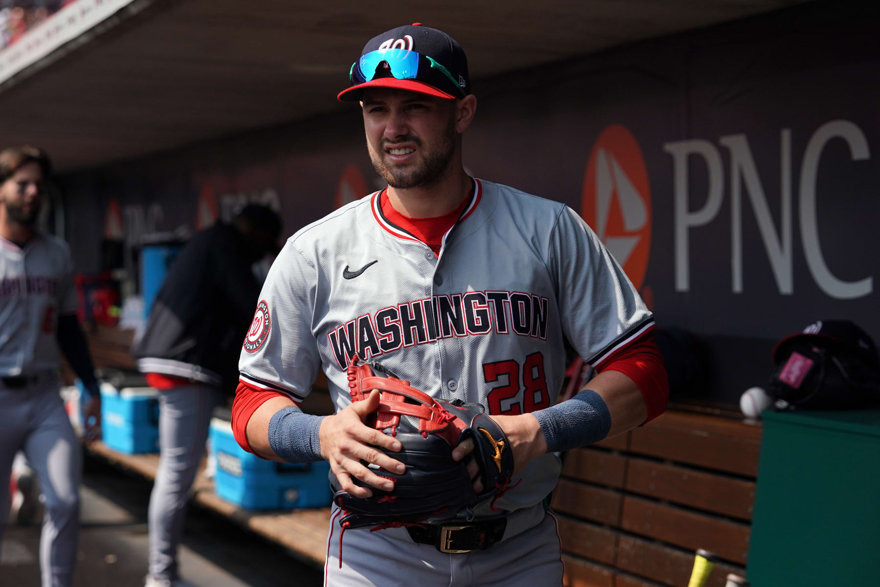 CINCINNATI, OHIO - MARCH 31: Lane Thomas #28 of the Washington Nationals gets ready to take the field during the game against the Cincinnati Reds at Great American Ball Park on March 31, 2024 in Cincinnati, Ohio. (Photo by Jason Mowry/Getty Images)