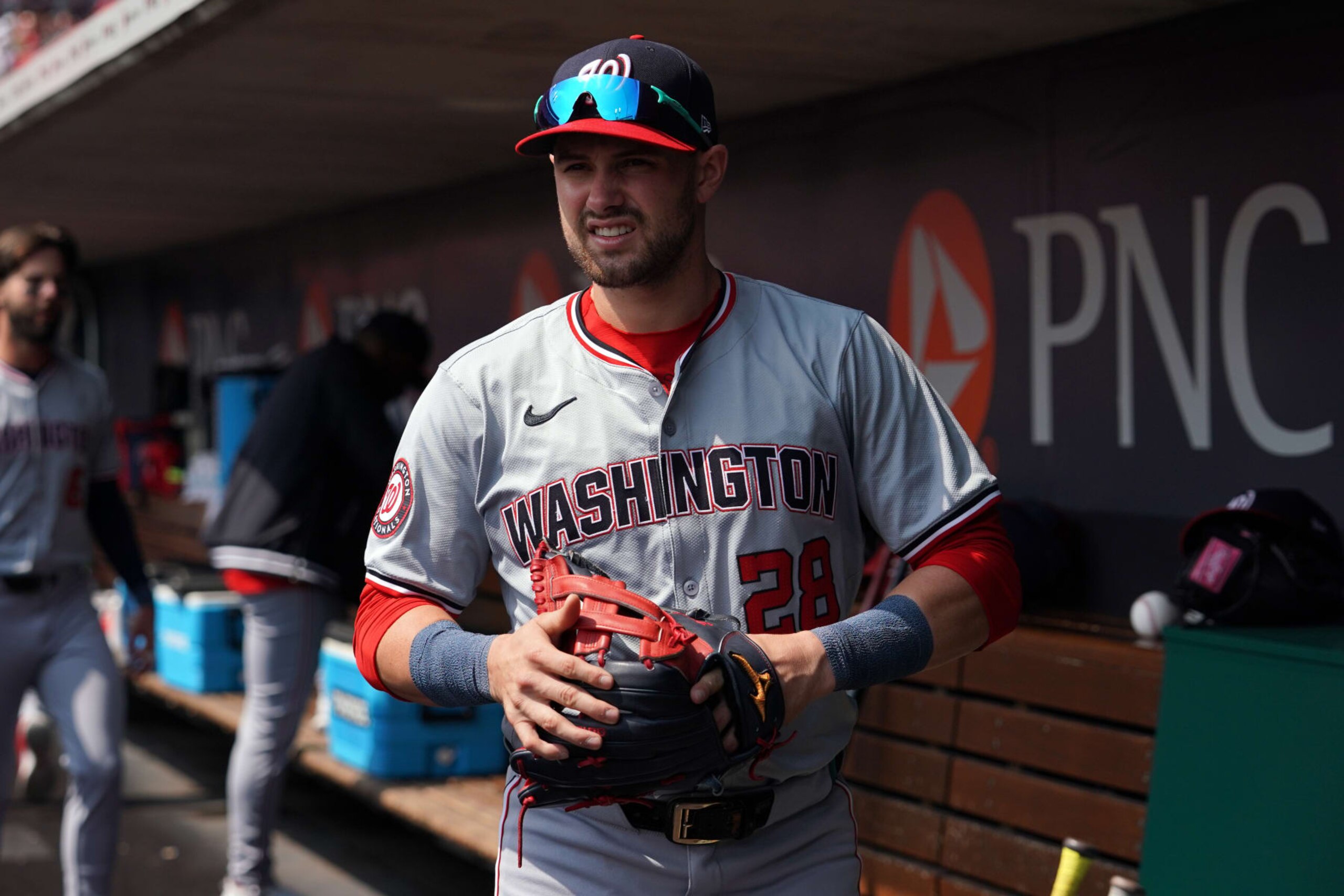 CINCINNATI, OHIO - MARCH 31: Lane Thomas #28 of the Washington Nationals gets ready to take the field during the game against the Cincinnati Reds at Great American Ball Park on March 31, 2024 in Cincinnati, Ohio. (Photo by Jason Mowry/Getty Images) CINCINNATI, OHIO - MARCH 31: Lane Thomas #28 of the Washington Nationals gets ready to take the field during the game against the Cincinnati Reds at Great American Ball Park on March 31, 2024 in Cincinnati, Ohio. (Photo by Jason Mowry/Getty Images)