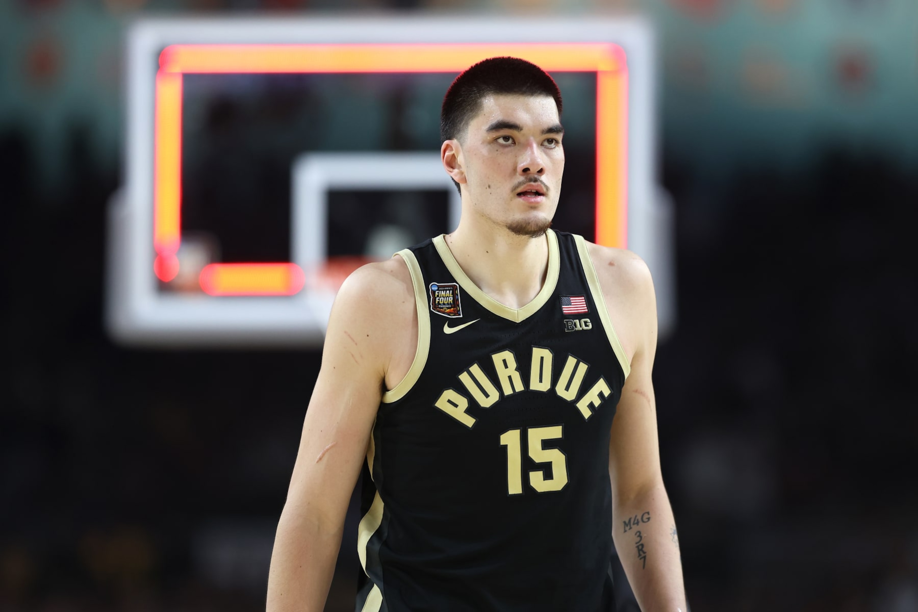 GLENDALE, ARIZONA - APRIL 08: Zach Edey #15 of the Purdue Boilermakers walks across the court in the first half against the Connecticut Huskies during the NCAA Men's Basketball Tournament National Championship game at State Farm Stadium on April 08, 2024 in Glendale, Arizona. (Photo by Christian Petersen/Getty Images) GLENDALE, ARIZONA - APRIL 08: Zach Edey #15 of the Purdue Boilermakers walks across the court in the first half against the Connecticut Huskies during the NCAA Men's Basketball Tournament National Championship game at State Farm Stadium on April 08, 2024 in Glendale, Arizona. (Photo by Christian Petersen/Getty Images)
