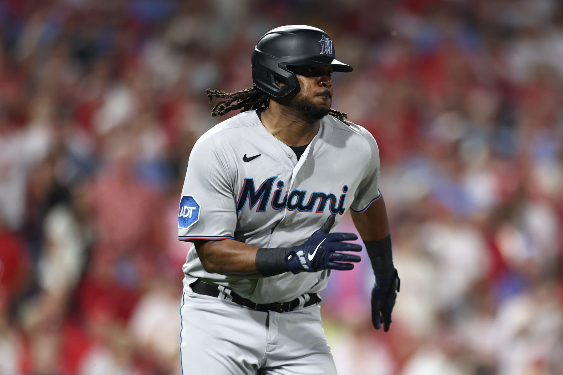 PHILADELPHIA, PENNSYLVANIA - OCTOBER 03: Josh Bell #9 of the Miami Marlins runs after hitting a double during the seventh inning against the Philadelphia Phillies in Game One of the Wild Card Series at Citizens Bank Park on October 03, 2023 in Philadelphia, Pennsylvania. (Photo by Tim Nwachukwu/Getty Images)