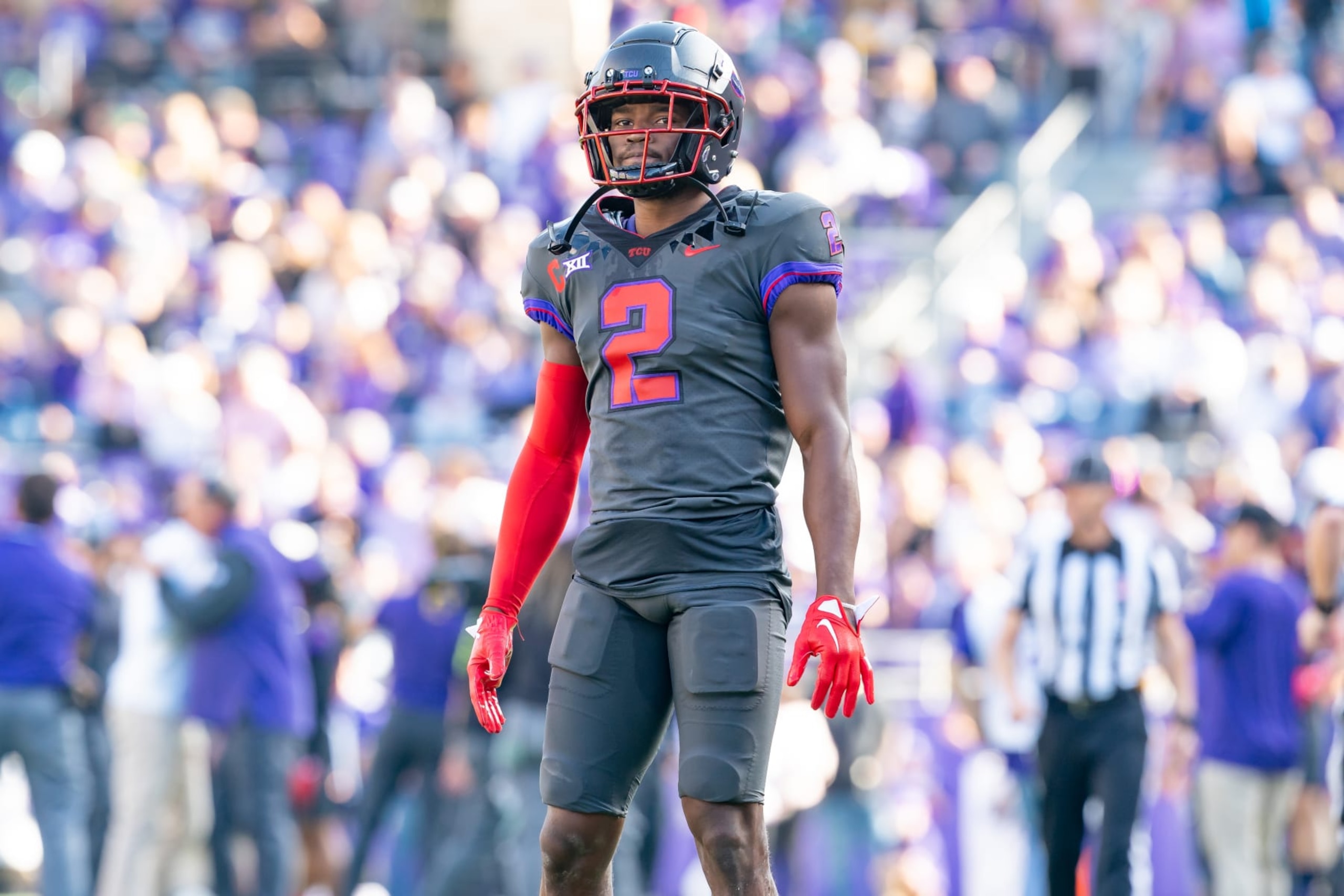 FORT WORTH, TX - NOVEMBER 18:TCU Horned Frogs cornerback Josh Newton (2) looks to the sideline during a college football game between the Baylor Bears and the TCU Horned Frogs on November 18, 2023 at Amon G. Carter Stadium in Fort Worth, TX. (Photo by Chris Leduc/Icon Sportswire via Getty Images) FORT WORTH, TX - NOVEMBER 18:TCU Horned Frogs cornerback Josh Newton (2) looks to the sideline during a college football game between the Baylor Bears and the TCU Horned Frogs on November 18, 2023 at Amon G. Carter Stadium in Fort Worth, TX. (Photo by Chris Leduc/Icon Sportswire via Getty Images)