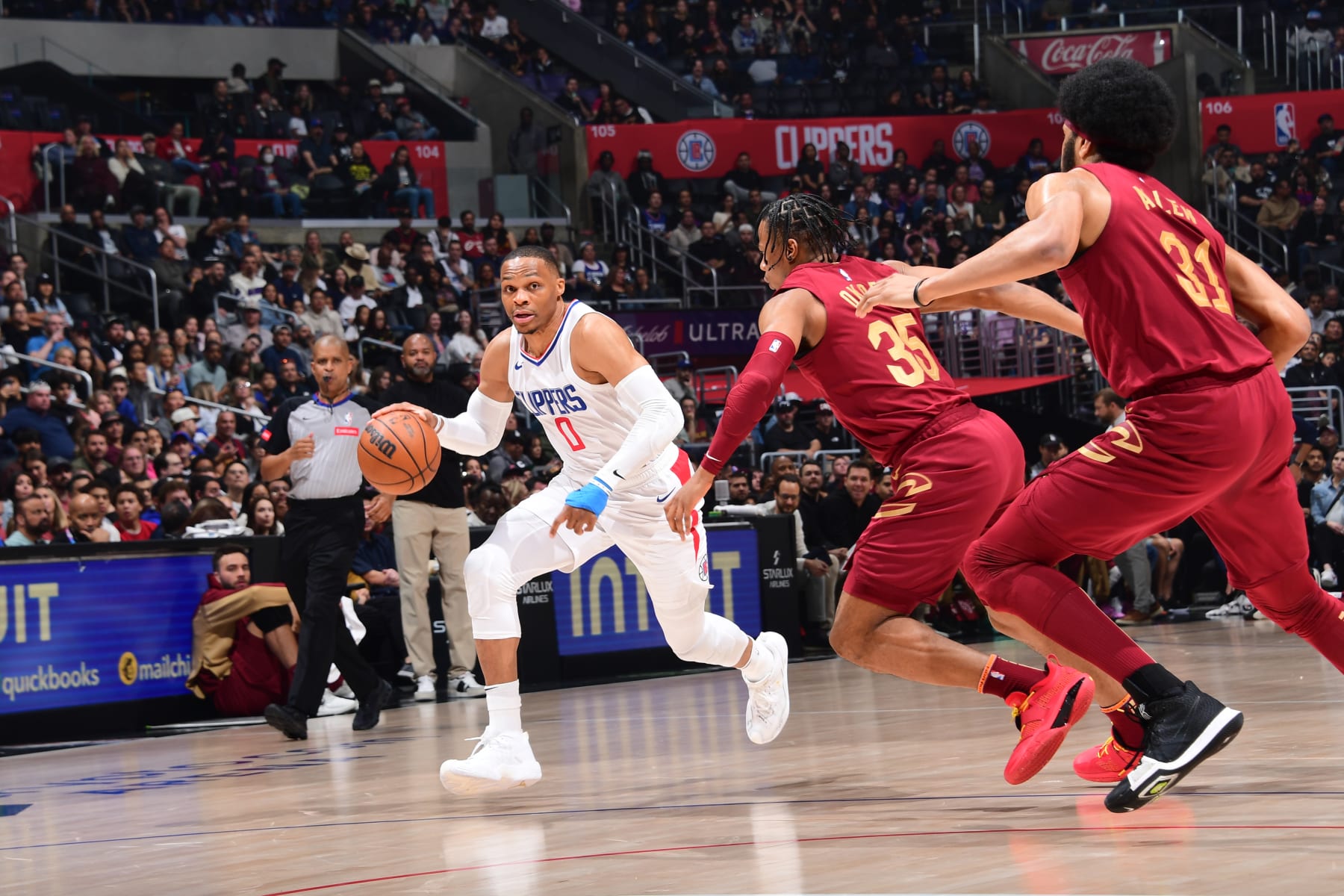 LOS ANGELES, CA - APRIL 7: Russell Westbrook #0 of the LA Clippers handles the ball during the game against the Cleveland Cavaliers on April 7, 2024 at Crypto.Com Arena in Los Angeles, California. NOTE TO USER: User expressly acknowledges and agrees that, by downloading and/or using this Photograph, user is consenting to the terms and conditions of the Getty Images License Agreement. Mandatory Copyright Notice: Copyright 2024 NBAE (Photo by Adam Pantozzi/NBAE via Getty Images)