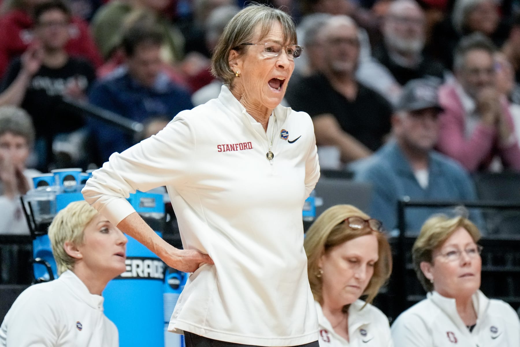 PORTLAND, OREGON - MARCH 29: Head coach Tara VanDerveer of the Stanford Cardinal yells during the first half against the NC State Wolfpack in the Sweet 16 round of the NCAA Women's Basketball Tournament at Moda Center on March 29, 2024 in Portland, Oregon. (Photo by Soobum Im/Getty Images)