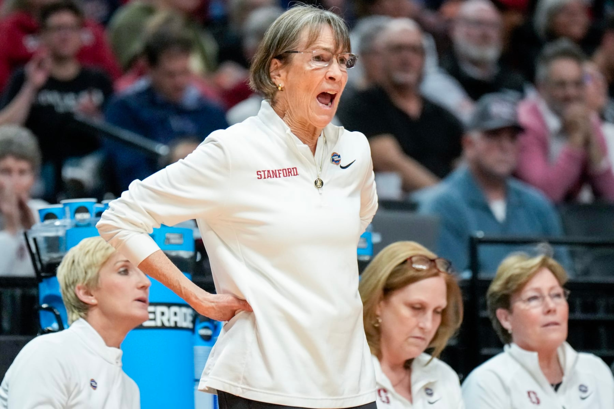 PORTLAND, OREGON - MARCH 29: Head coach Tara VanDerveer of the Stanford Cardinal yells during the first half against the NC State Wolfpack in the Sweet 16 round of the NCAA Women's Basketball Tournament at Moda Center on March 29, 2024 in Portland, Oregon. (Photo by Soobum Im/Getty Images)