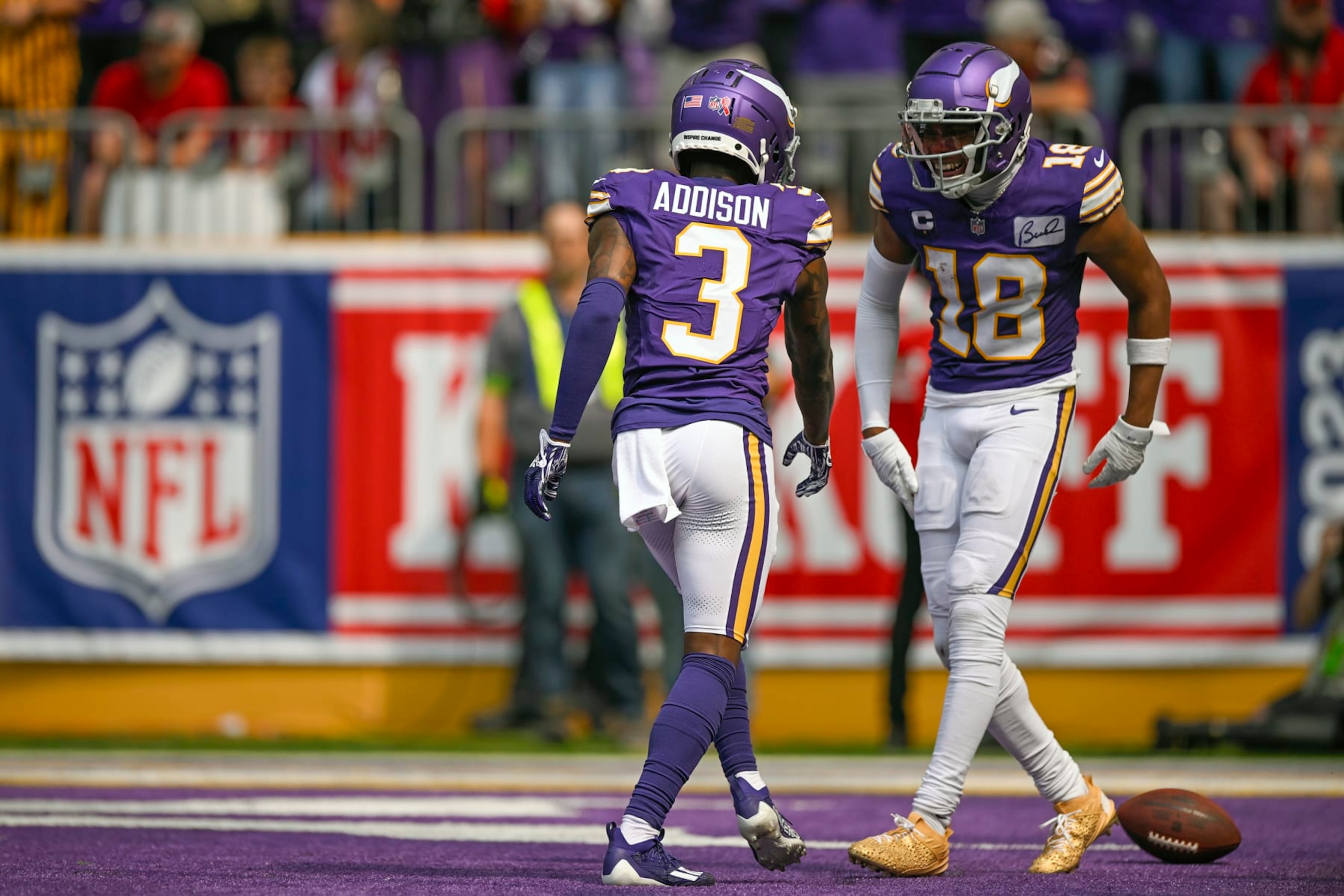 Vikings wide receivers Jordan Addison (left) and Justin Jefferson (right) Vikings wide receivers Jordan Addison (left) and Justin Jefferson (right)