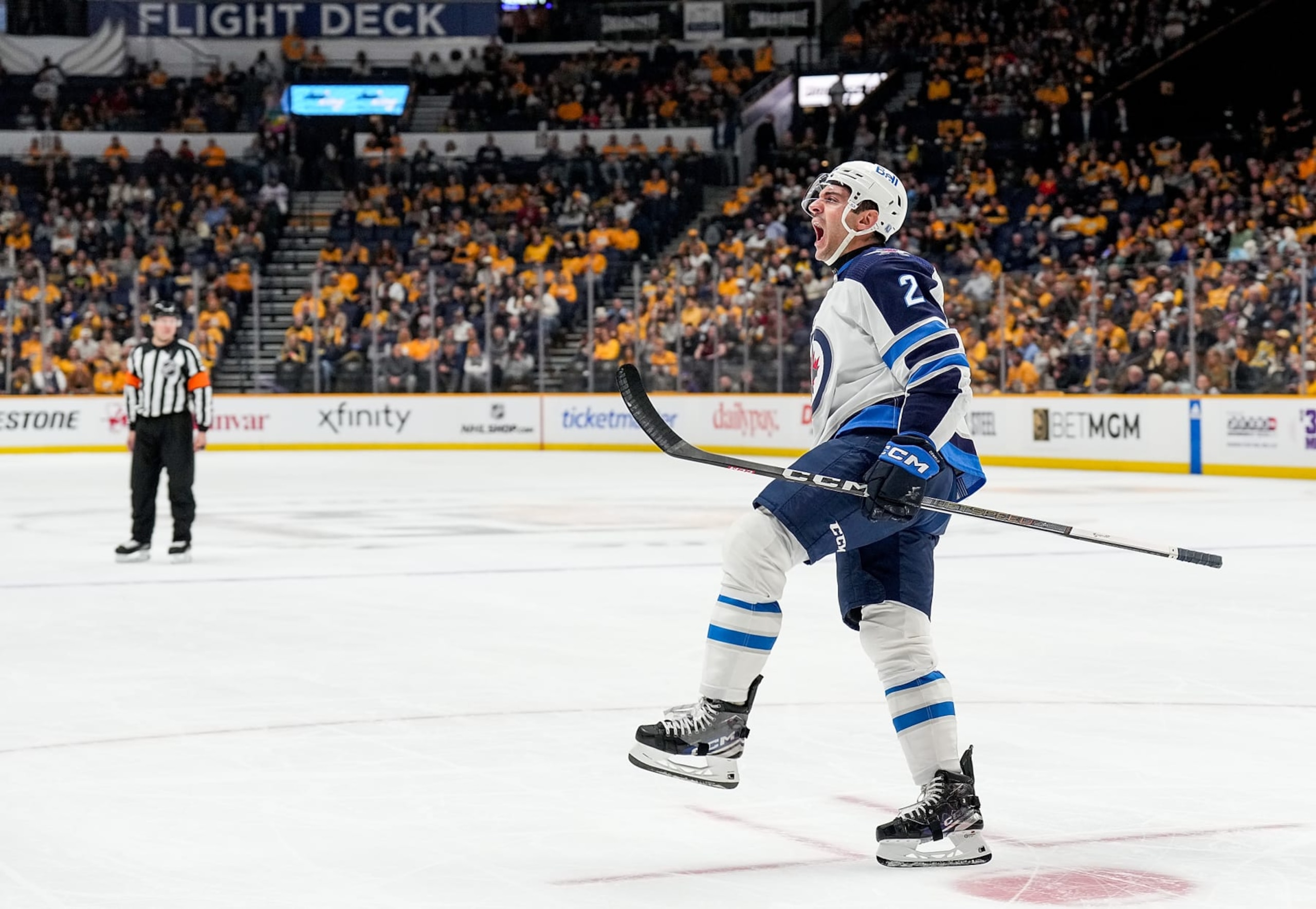 NASHVILLE, TENNESSEE - APRIL 9: Dylan DeMelo #2 of the Winnipeg Jets celebrates his goal against the Nashville Predators during an NHL game at Bridgestone Arena on April 9, 2024 in Nashville, Tennessee. (Photo by John Russell/NHLI via Getty Images) NASHVILLE, TENNESSEE - APRIL 9: Dylan DeMelo #2 of the Winnipeg Jets celebrates his goal against the Nashville Predators during an NHL game at Bridgestone Arena on April 9, 2024 in Nashville, Tennessee. (Photo by John Russell/NHLI via Getty Images)