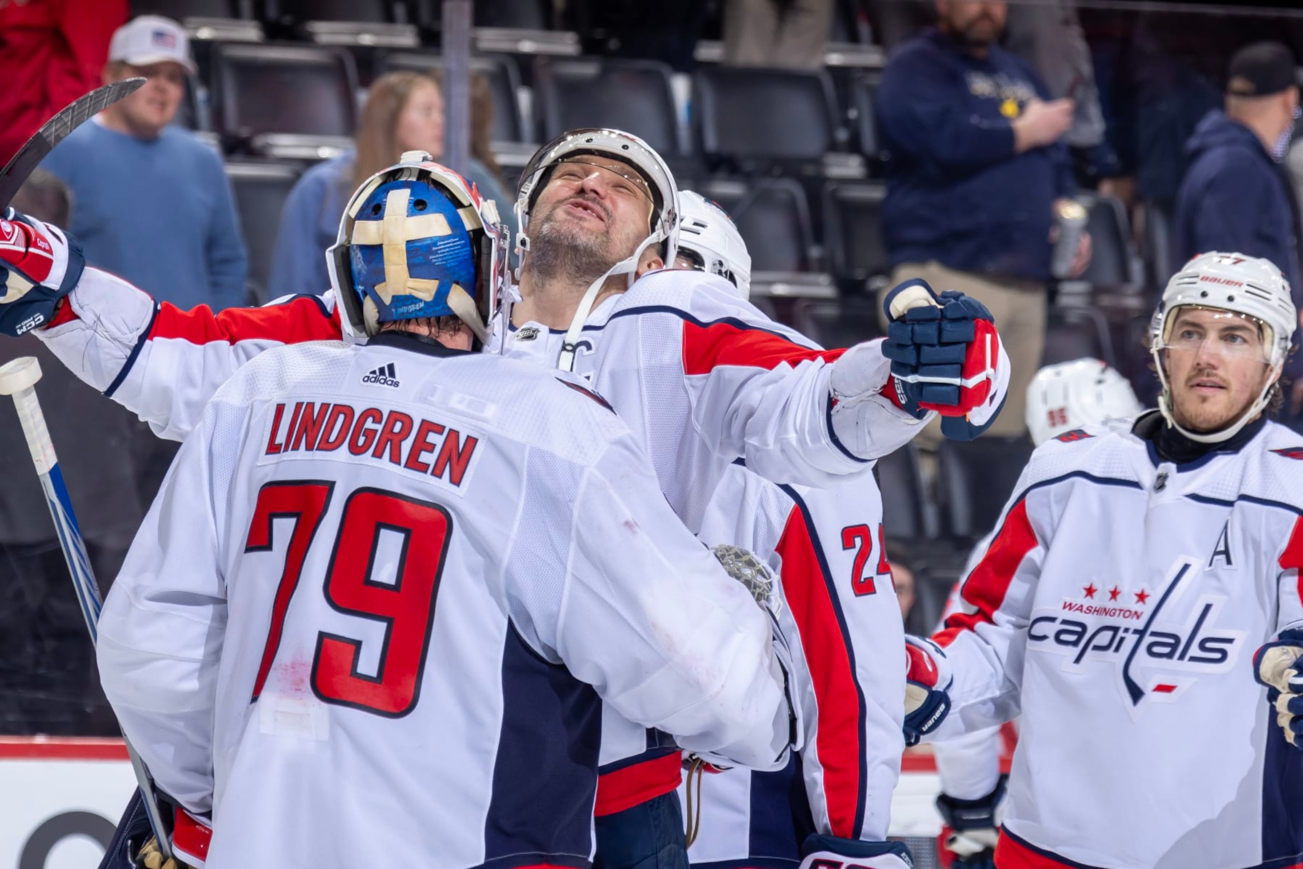 DETROIT, MI - APRIL 09: Alex Ovechkin #8 of the Washington Capitals celebrates the victory over the Detroit Red Wings with Charlie Lindgren #79 at Little Caesars Arena on April 9, 2024 in Detroit, Michigan. Washington defeated Detroit 2-1. (Photo by Dave Reginek/NHLI via Getty Images) DETROIT, MI - APRIL 09: Alex Ovechkin #8 of the Washington Capitals celebrates the victory over the Detroit Red Wings with Charlie Lindgren #79 at Little Caesars Arena on April 9, 2024 in Detroit, Michigan. Washington defeated Detroit 2-1. (Photo by Dave Reginek/NHLI via Getty Images)