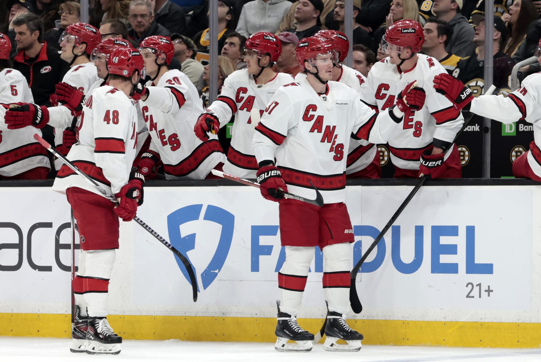 BOSTON, MA - APRIL 09: Carolina Hurricanes left wing Andrei Svechnikov (37) skates by the bench after scoring during a game between the Boston Bruins and the Carolina Hurricanes on April 9, 2024, at TD Garden in Boston, Massachusetts. (Photo by Fred Kfoury III/Icon Sportswire via Getty Images)