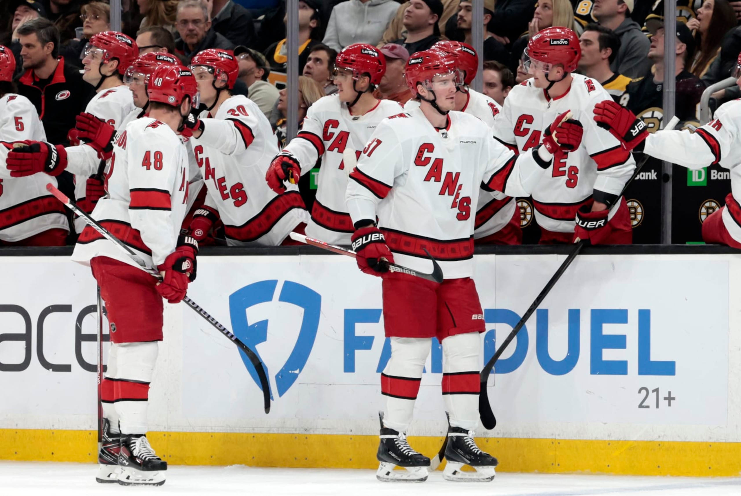 BOSTON, MA - APRIL 09: Carolina Hurricanes left wing Andrei Svechnikov (37) skates by the bench after scoring during a game between the Boston Bruins and the Carolina Hurricanes on April 9, 2024, at TD Garden in Boston, Massachusetts. (Photo by Fred Kfoury III/Icon Sportswire via Getty Images) BOSTON, MA - APRIL 09: Carolina Hurricanes left wing Andrei Svechnikov (37) skates by the bench after scoring during a game between the Boston Bruins and the Carolina Hurricanes on April 9, 2024, at TD Garden in Boston, Massachusetts. (Photo by Fred Kfoury III/Icon Sportswire via Getty Images)