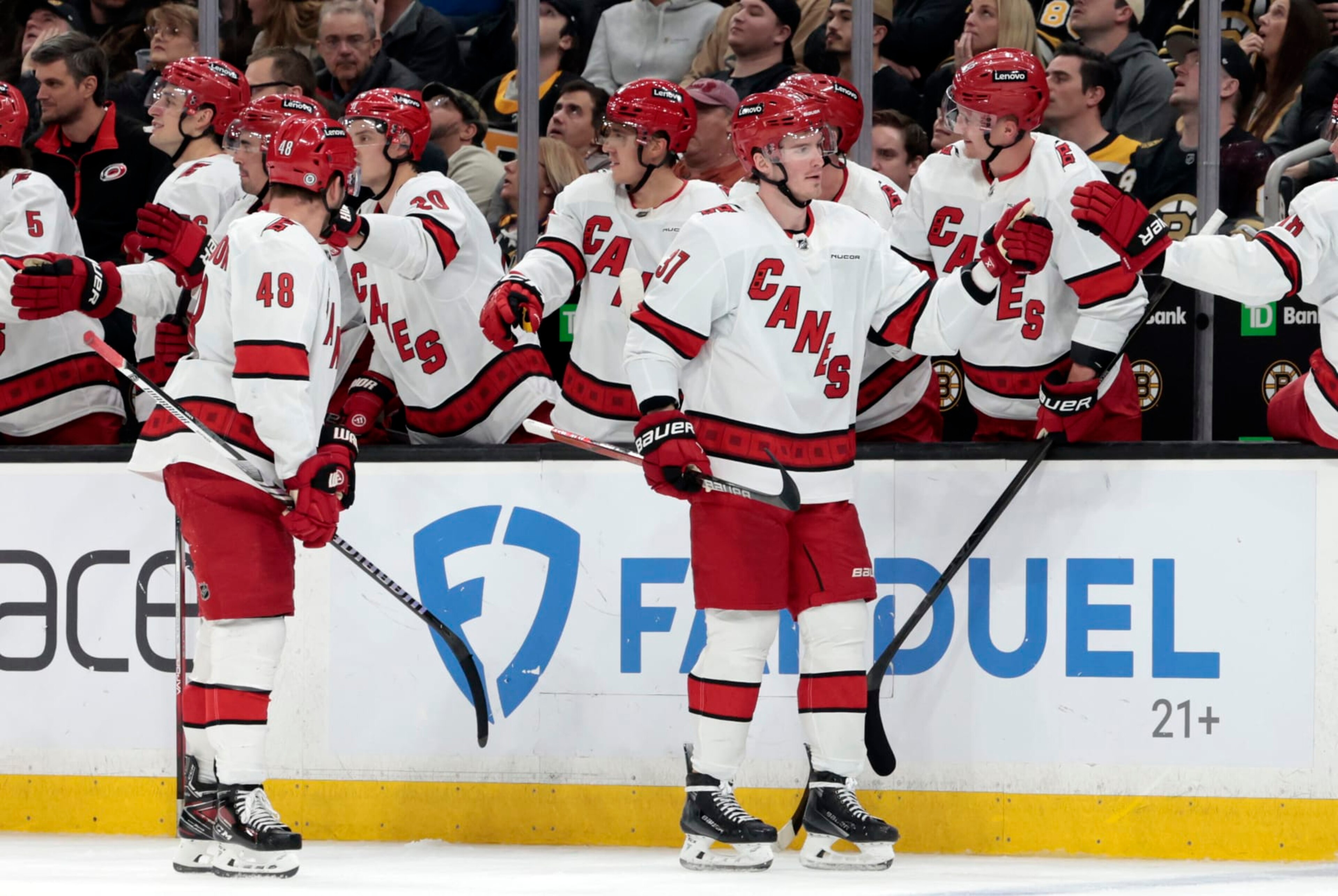 BOSTON, MA - APRIL 09: Carolina Hurricanes left wing Andrei Svechnikov (37) skates by the bench after scoring during a game between the Boston Bruins and the Carolina Hurricanes on April 9, 2024, at TD Garden in Boston, Massachusetts. (Photo by Fred Kfoury III/Icon Sportswire via Getty Images)