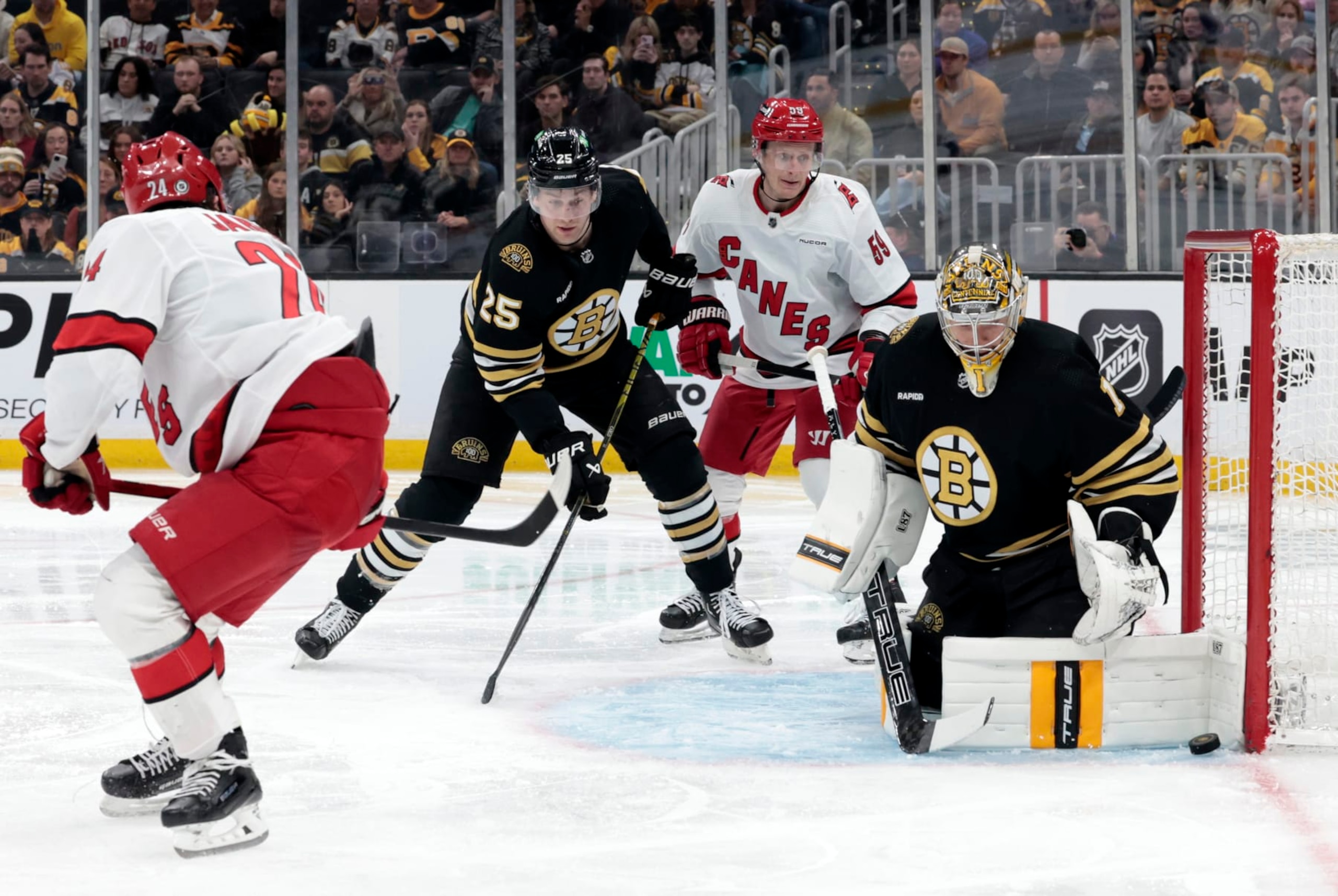 BOSTON, MA - APRIL 09: Boston Bruins goalie Jeremy Swayman (1) makes a left pad save during a game between the Boston Bruins and the Carolina Hurricanes on April 9, 2024, at TD Garden in Boston, Massachusetts. (Photo by Fred Kfoury III/Icon Sportswire via Getty Images) BOSTON, MA - APRIL 09: Boston Bruins goalie Jeremy Swayman (1) makes a left pad save during a game between the Boston Bruins and the Carolina Hurricanes on April 9, 2024, at TD Garden in Boston, Massachusetts. (Photo by Fred Kfoury III/Icon Sportswire via Getty Images)