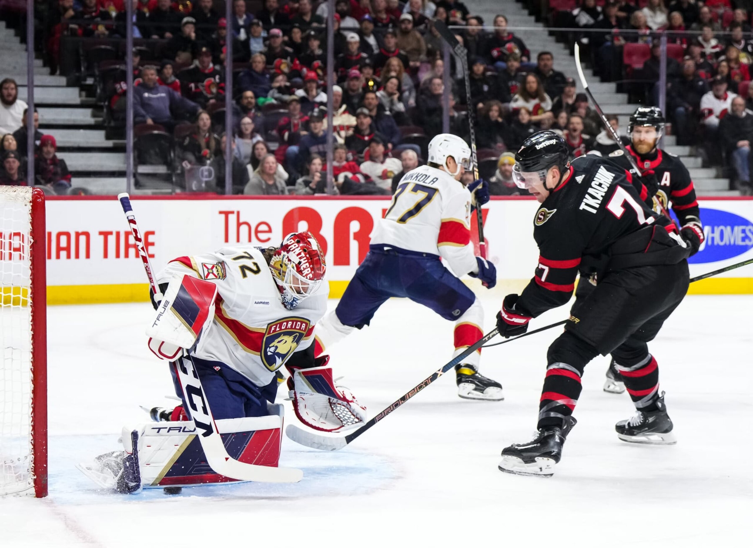 OTTAWA, CANADA - APRIL 4: Sergei Bobrovsky #72 of the Florida Panthers makes a pad save off a shot from Brady Tkachuk #7 the Ottawa Senators at Canadian Tire Centre on April 4, 2024 in Ottawa, Ontario, Canada. (Photo by Andrea Cardin/NHLI via Getty Images) OTTAWA, CANADA - APRIL 4: Sergei Bobrovsky #72 of the Florida Panthers makes a pad save off a shot from Brady Tkachuk #7 the Ottawa Senators at Canadian Tire Centre on April 4, 2024 in Ottawa, Ontario, Canada. (Photo by Andrea Cardin/NHLI via Getty Images)