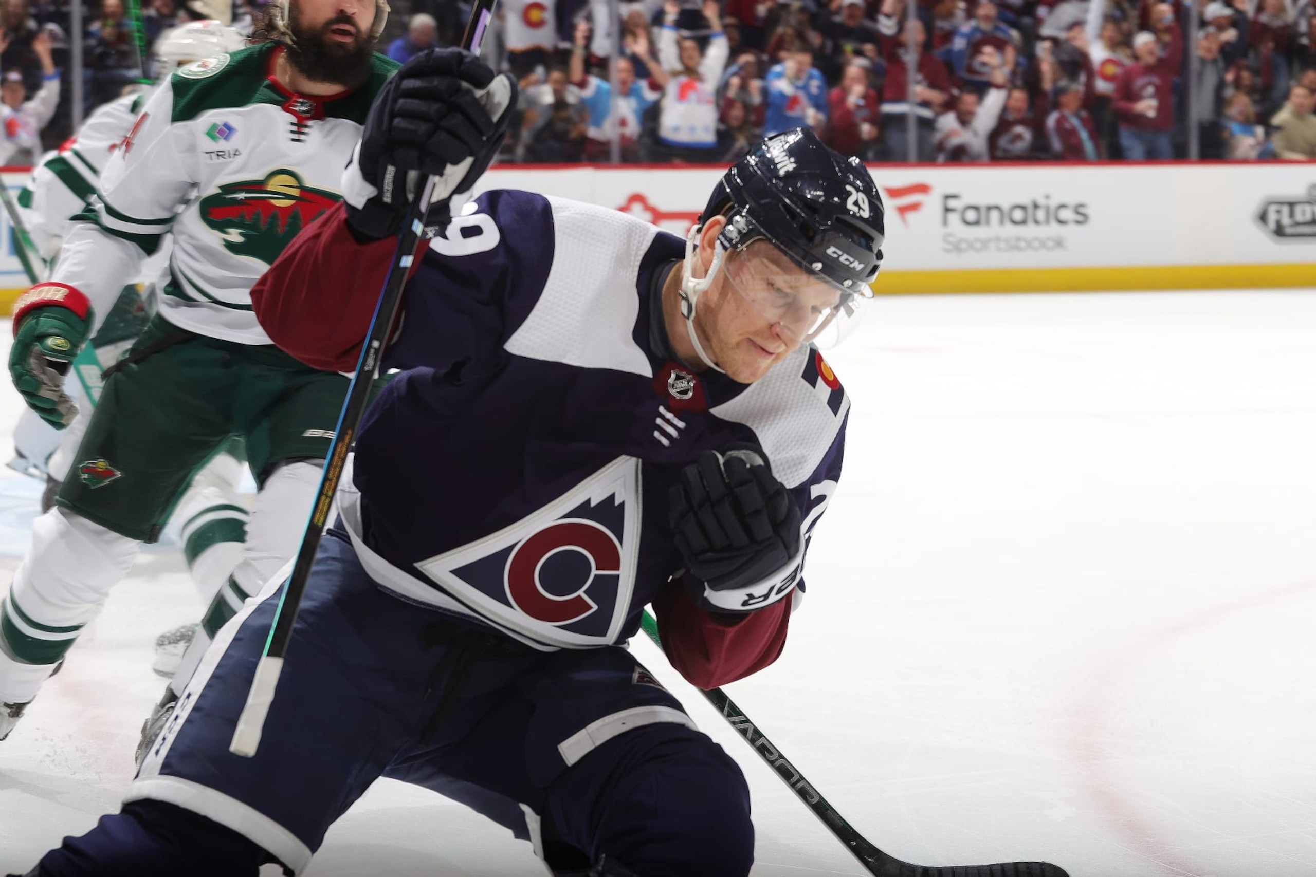 DENVER, COLORADO - APRIL 09: Nathan MacKinnon #29 of the Colorado Avalanche celebrates a goal against the Minnesota Wild at Ball Arena on April 9, 2024 in Denver, Colorado. (Photo by Michael Martin/NHLI via Getty Images) DENVER, COLORADO - APRIL 09: Nathan MacKinnon #29 of the Colorado Avalanche celebrates a goal against the Minnesota Wild at Ball Arena on April 9, 2024 in Denver, Colorado. (Photo by Michael Martin/NHLI via Getty Images)