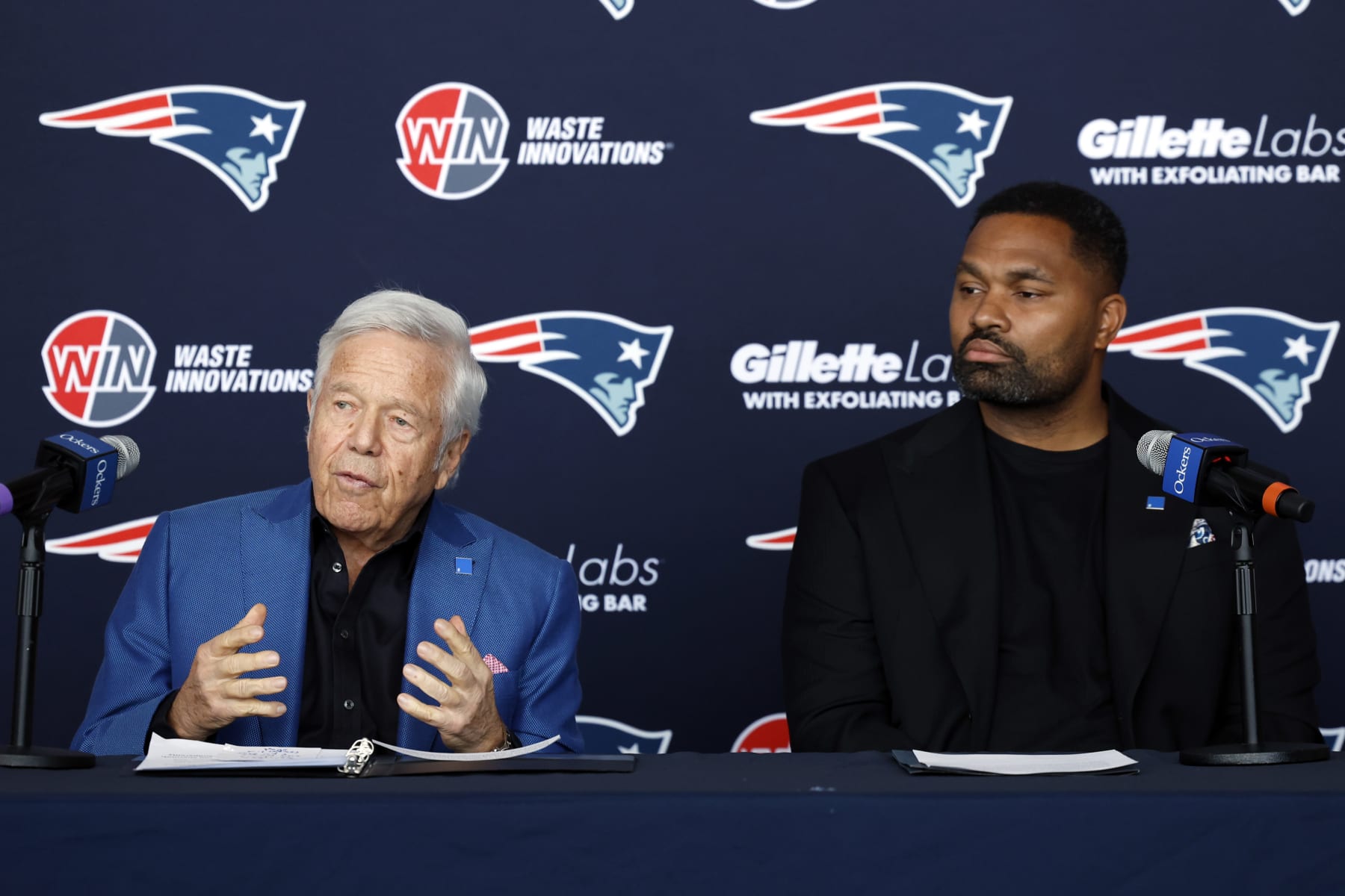 Foxborough, MA - January 17: New England Patriots owner Robert Kraft, left, and head coach Jerod Mayo speak during Mayo's introductory press conference at Gillette Stadium. (Photo by Danielle Parhizkaran/The Boston Globe via Getty Images)