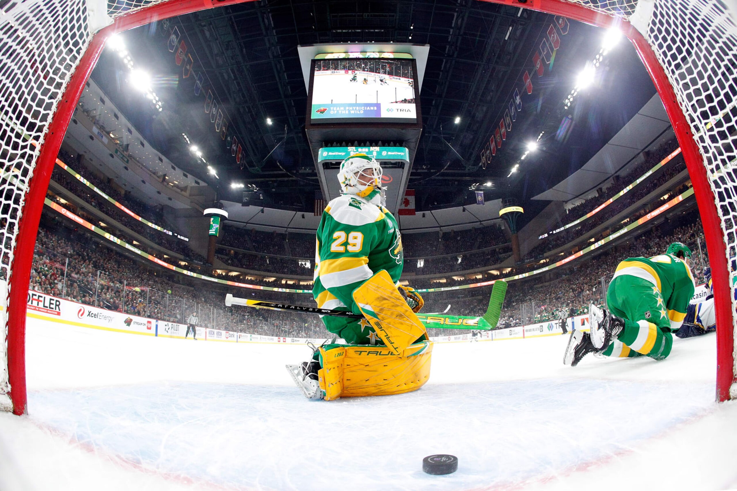 ST PAUL, MINNESOTA - MARCH 23: Marc-Andre Fleury #29 of the Minnesota Wild reacts to giving up a goal to Jake Neighbours #63 of the St. Louis Blues in the first period at Xcel Energy Center on March 23, 2024 in St Paul, Minnesota. The Blues defeated the Wild 5-4 in overtime. (Photo by David Berding/Getty Images) ST PAUL, MINNESOTA - MARCH 23: Marc-Andre Fleury #29 of the Minnesota Wild reacts to giving up a goal to Jake Neighbours #63 of the St. Louis Blues in the first period at Xcel Energy Center on March 23, 2024 in St Paul, Minnesota. The Blues defeated the Wild 5-4 in overtime. (Photo by David Berding/Getty Images)