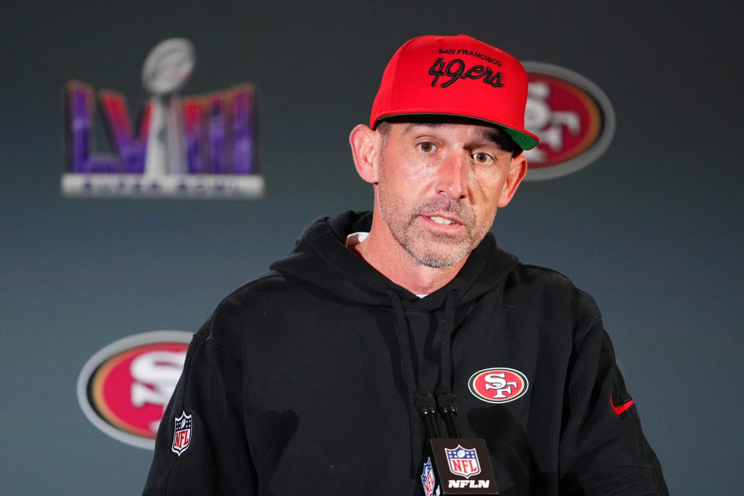 HENDERSON, NEVADA - FEBRUARY 08: Head coach Kyle Shanahan speaks to media during San Francisco 49ers media availability ahead of Super Bowl LVIII at Hilton Lake Las Vegas Resort and Spa on February 08, 2024 in Henderson, Nevada. (Photo by Chris Unger/Getty Images)