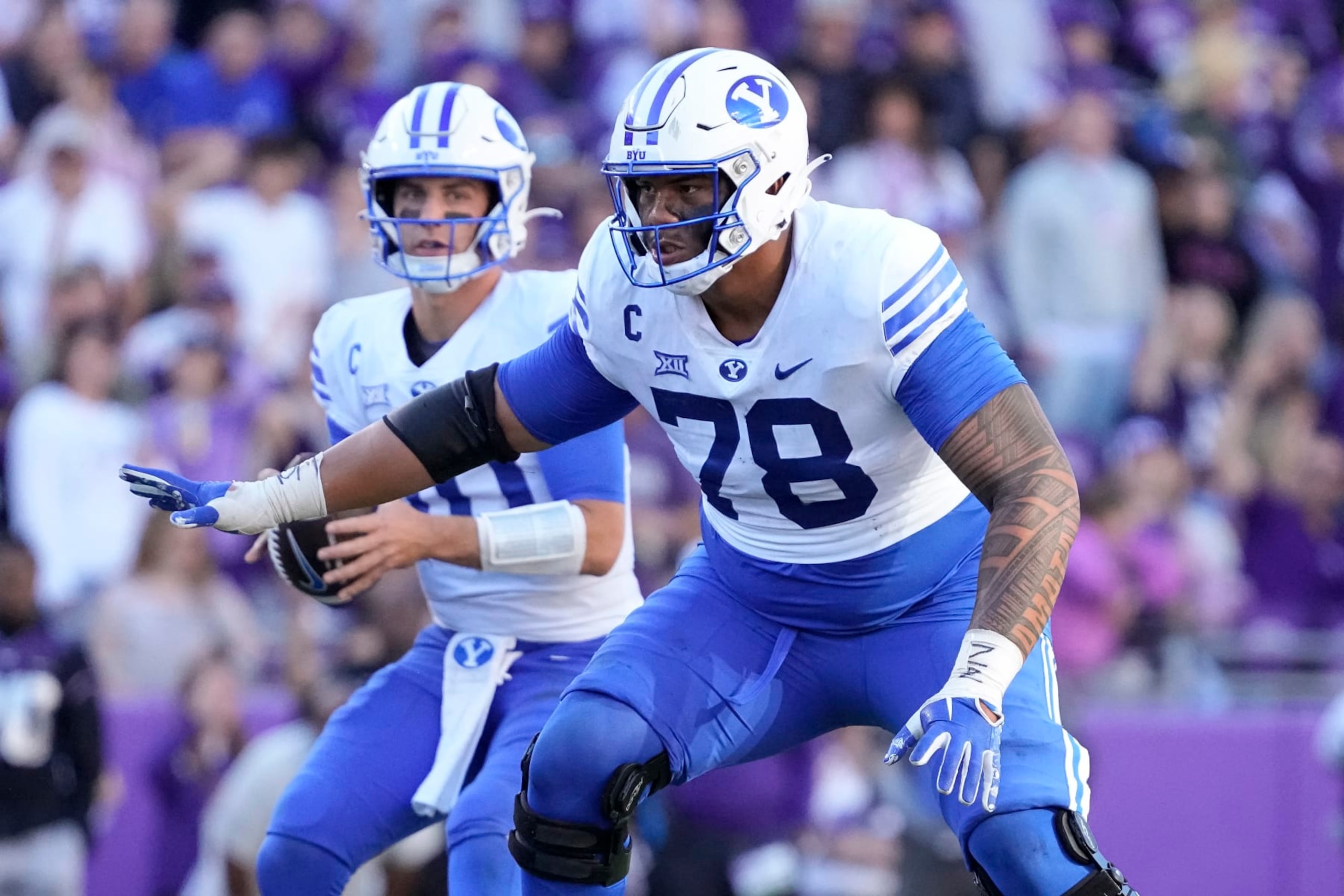 FORT WORTH, TEXAS - OCTOBER 14: Kingsley Suamataia #78 of the Brigham Young Cougars prepares to block during the second half against the TCU Horned Frogs at Amon G. Carter Stadium on October 14, 2023 in Fort Worth, Texas. (Photo by Sam Hodde/Getty Images)