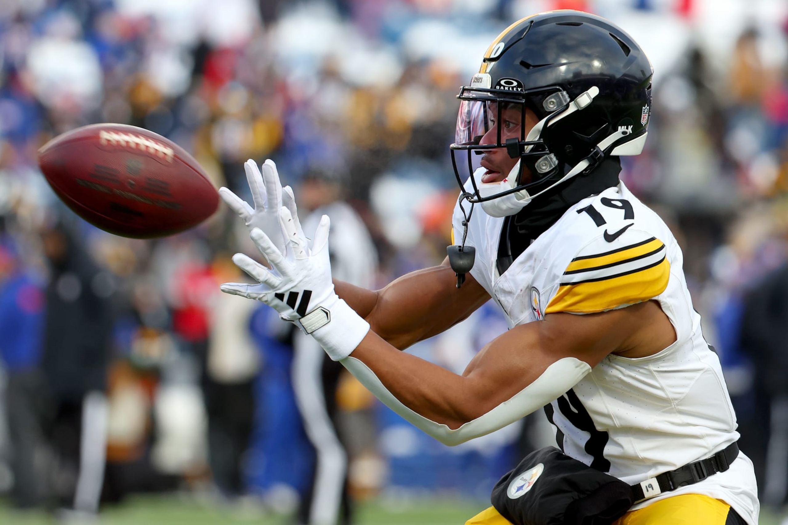 ORCHARD PARK, NEW YORK - JANUARY 15: Calvin Austin III #19 of the Pittsburgh Steelers warms up before the game against the Buffalo Bills at Highmark Stadium on January 15, 2024 in Orchard Park, New York. (Photo by Timothy T Ludwig/Getty Images)