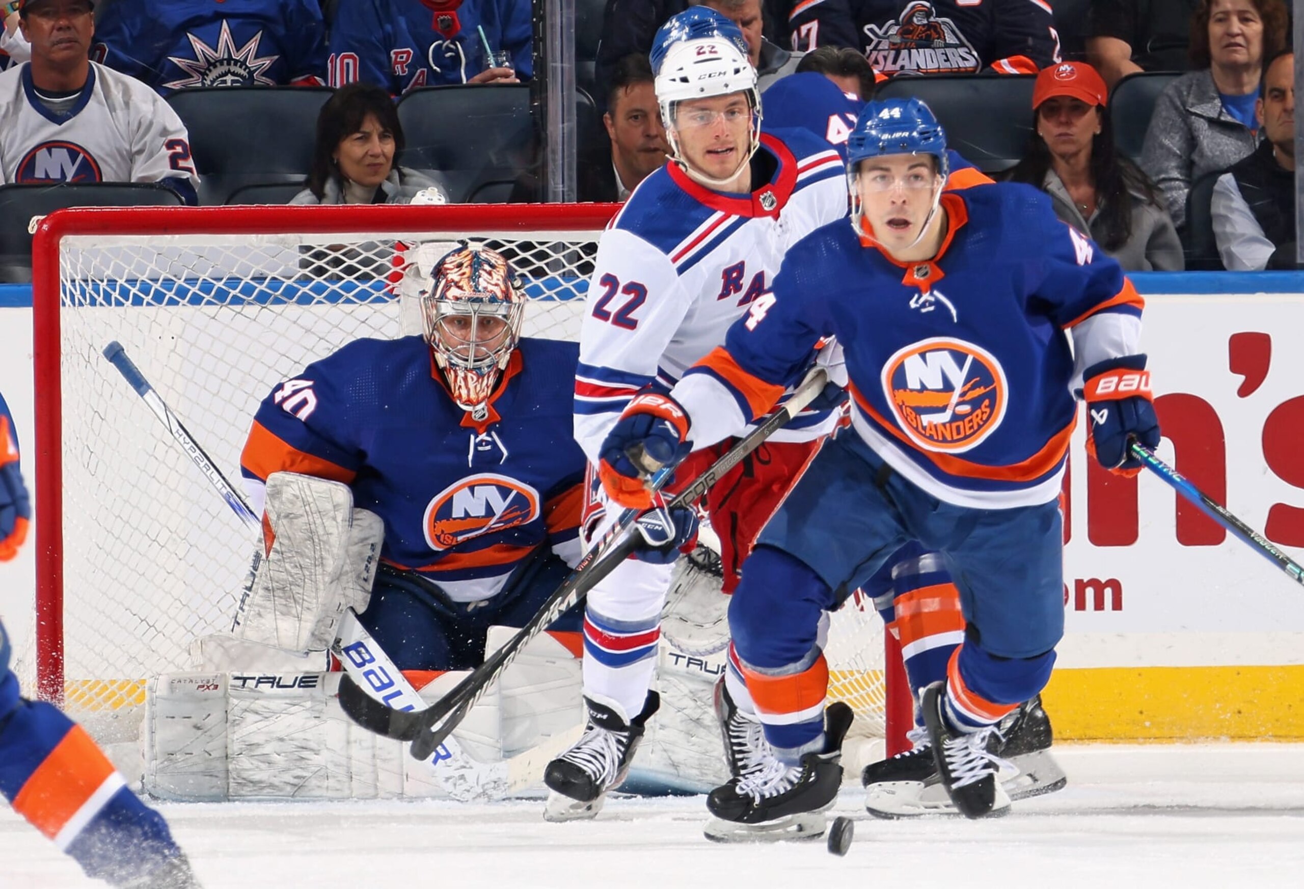 ELMONT, NEW YORK - APRIL 09: Semyon Varlamov #40 of the New York Islanders keeps his eyes on the puck during the second period against the New York Rangers  at UBS Arena on April 09, 2024 in Elmont, New York. (Photo by Bruce Bennett/Getty Images)