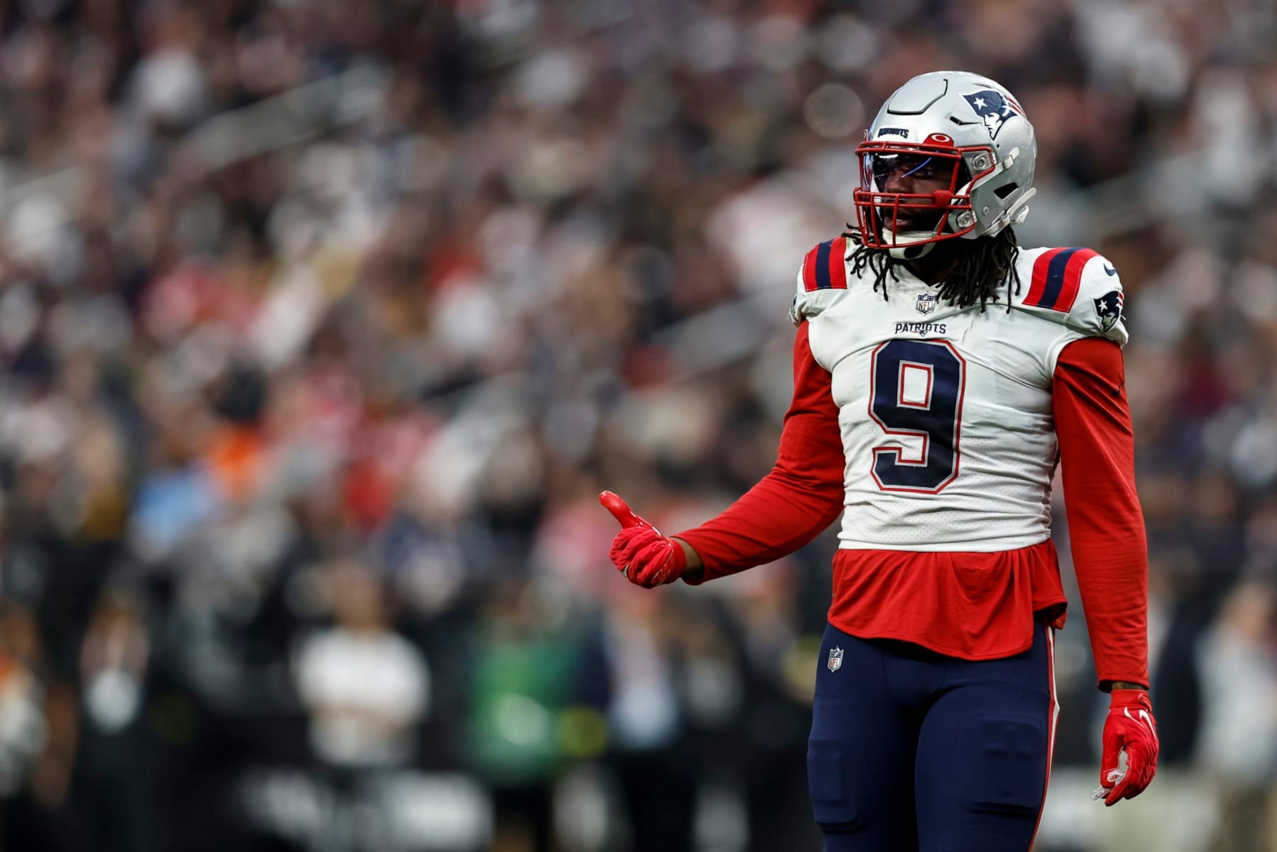 LAS VEGAS, NEVADA - DECEMBER 18: Matthew Judon #9 of the New England Patriots reacts during an NFL football game between the Las Vegas Raiders and the New England Patriots at Allegiant Stadium on December 18, 2022 in Las Vegas, Nevada. (Photo by Michael Owens/Getty Images)