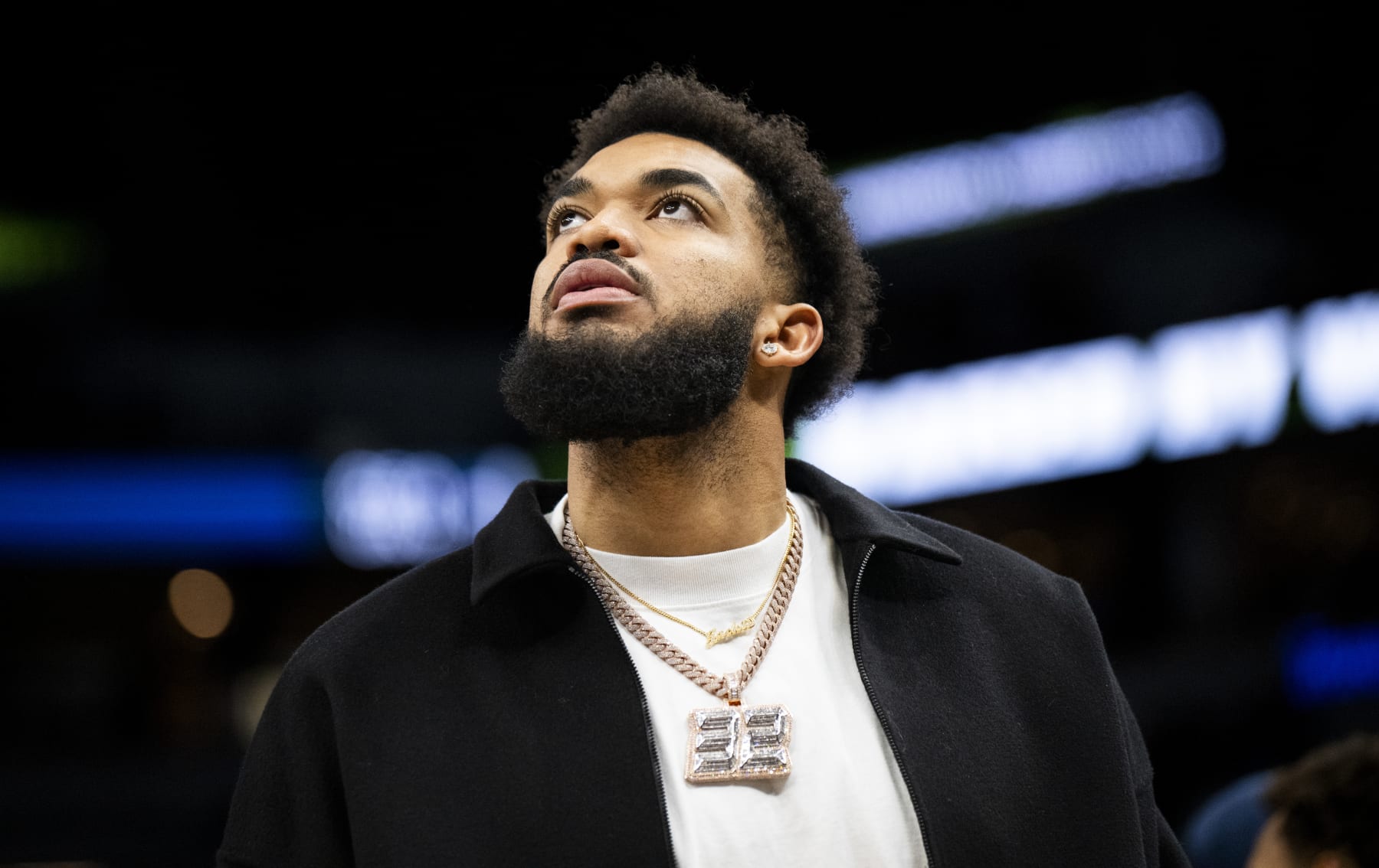 MINNEAPOLIS, MINNESOTA - APRIL 2: Karl-Anthony Towns #32 of the Minnesota Timberwolves looks on during a timeout in the second quarter of the game against the Houston Rockets at Target Center on April 2, 2024 in Minneapolis, Minnesota. NOTE TO USER: User expressly acknowledges and agrees that, by downloading and or using this photograph, User is consenting to the terms and conditions of the Getty Images License Agreement. (Photo by Stephen Maturen/Getty Images)