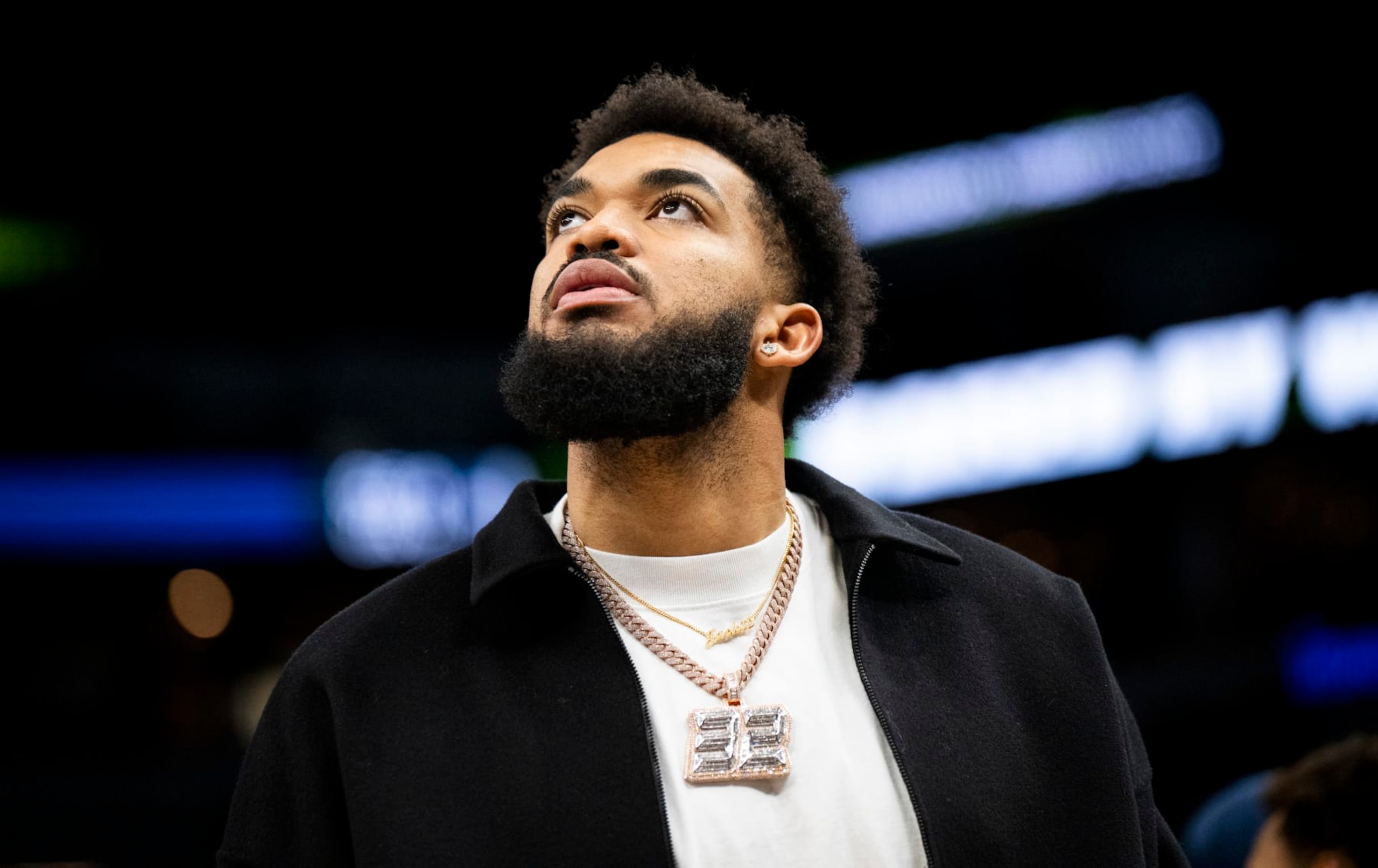 MINNEAPOLIS, MINNESOTA - APRIL 2: Karl-Anthony Towns #32 of the Minnesota Timberwolves looks on during a timeout in the second quarter of the game against the Houston Rockets at Target Center on April 2, 2024 in Minneapolis, Minnesota. NOTE TO USER: User expressly acknowledges and agrees that, by downloading and or using this photograph, User is consenting to the terms and conditions of the Getty Images License Agreement. (Photo by Stephen Maturen/Getty Images) MINNEAPOLIS, MINNESOTA - APRIL 2: Karl-Anthony Towns #32 of the Minnesota Timberwolves looks on during a timeout in the second quarter of the game against the Houston Rockets at Target Center on April 2, 2024 in Minneapolis, Minnesota. NOTE TO USER: User expressly acknowledges and agrees that, by downloading and or using this photograph, User is consenting to the terms and conditions of the Getty Images License Agreement. (Photo by Stephen Maturen/Getty Images)