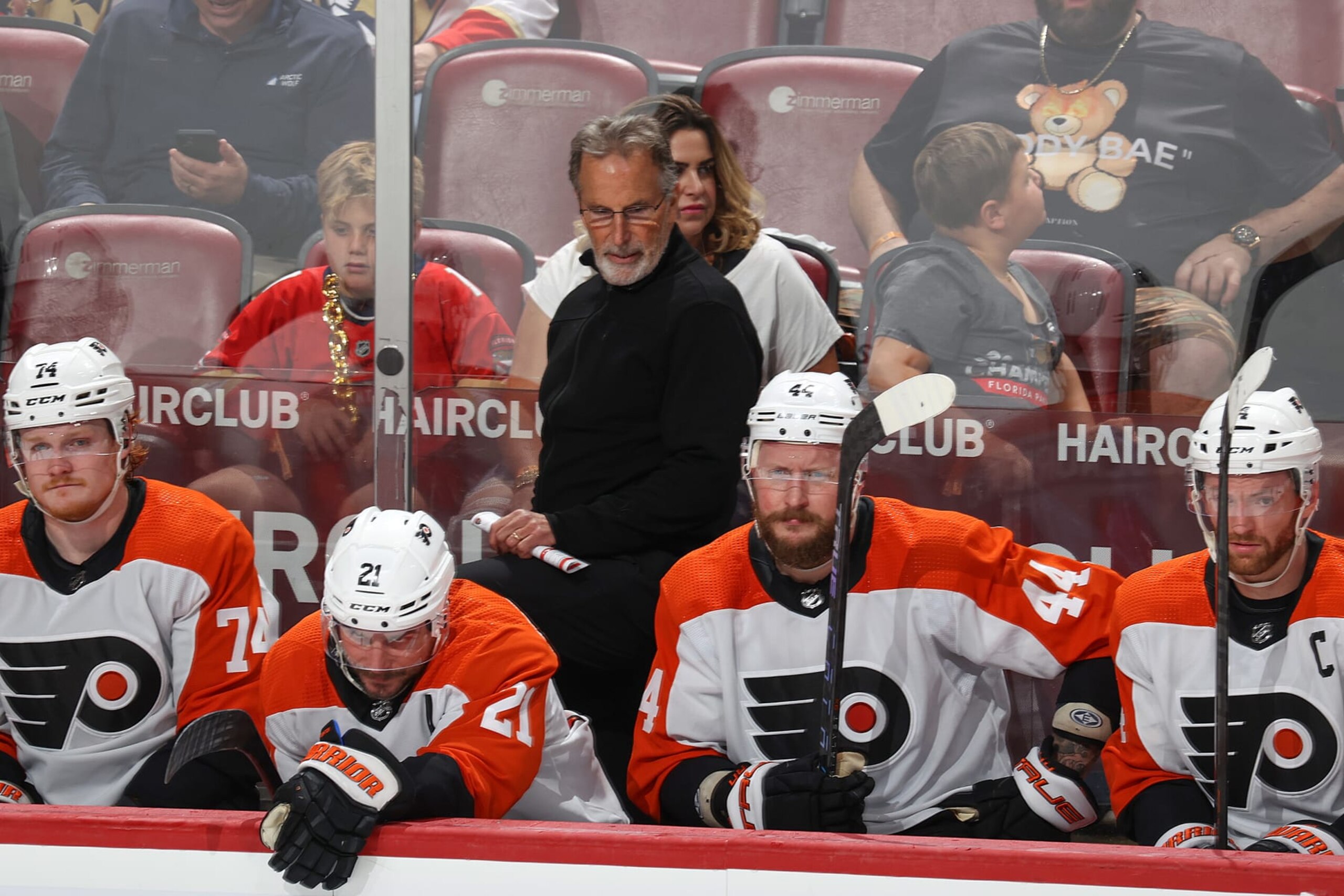 SUNRISE, FL - MARCH 7: Head coach John Tortorella of the Philadelphia Flyers looks on during second period action against the Florida Panthers at the Amerant Bank Arena on March 7, 2024 in Sunrise, Florida. (Photo by Joel Auerbach/Getty Images)