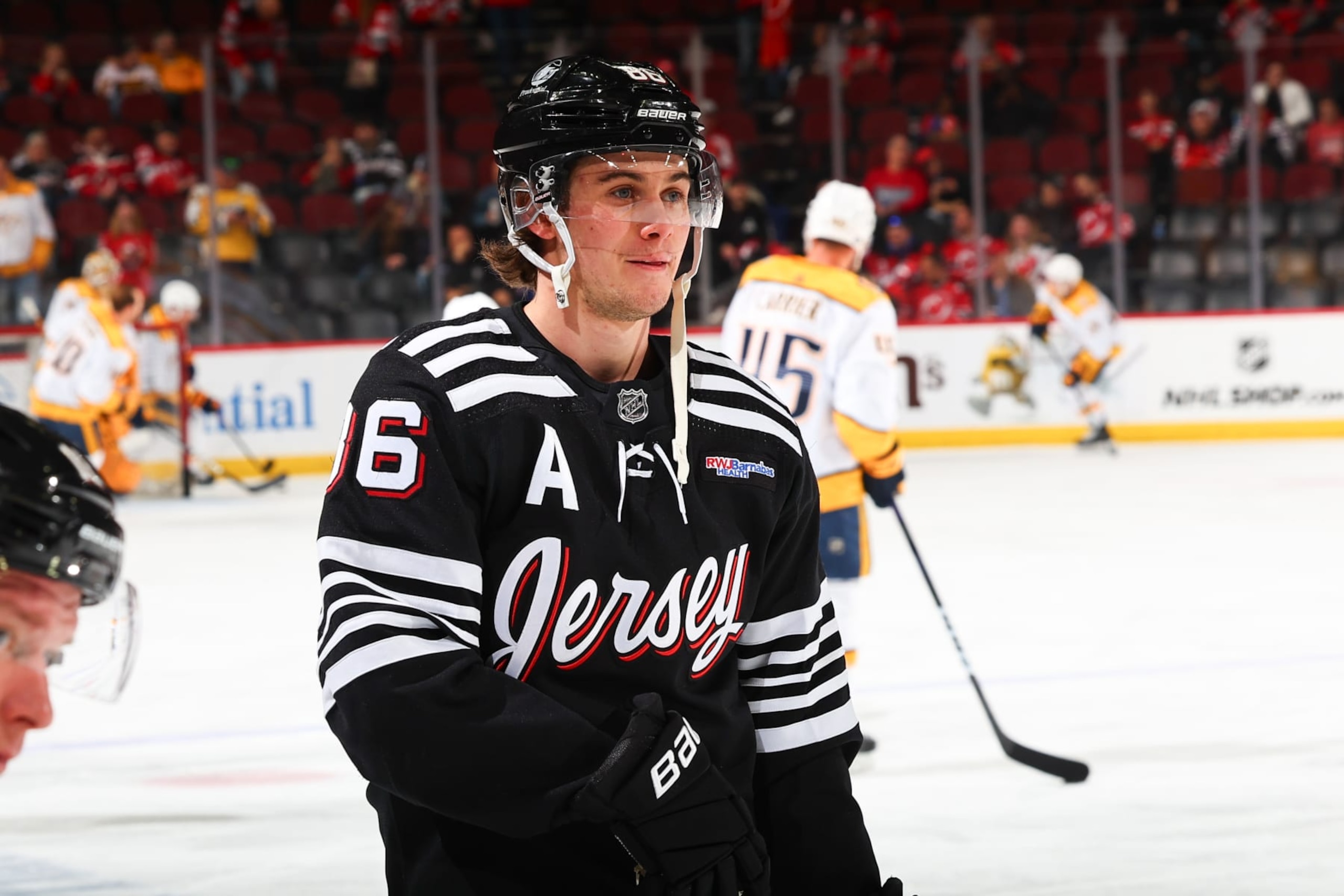 NEWARK, NJ - APRIL 07: Jack Hughes #86 of the New Jersey Devils skates during warm up prior to the game against the Nashville Predators at the Prudential Center on April 7, 2024 in Newark, New Jersey. (Photo by Rich Graessle/NHLI via Getty Images) NEWARK, NJ - APRIL 07: Jack Hughes #86 of the New Jersey Devils skates during warm up prior to the game against the Nashville Predators at the Prudential Center on April 7, 2024 in Newark, New Jersey. (Photo by Rich Graessle/NHLI via Getty Images)