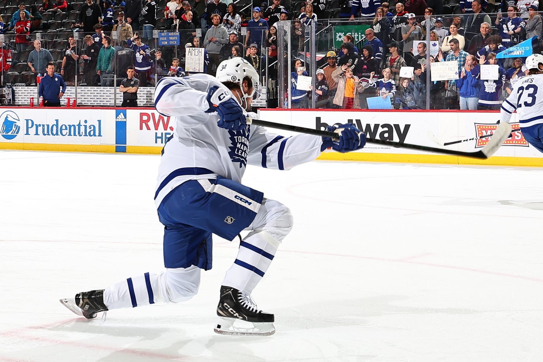 NEWARK, NJ - APRIL 09: Auston Matthews #34 of the Toronto Maple Leafs skates during warm up prior to the game against the New Jersey Devils at the Prudential Center on April 9, 2024 in Newark, New Jersey.  (Photo by Rich Graessle/NHLI via Getty Images)