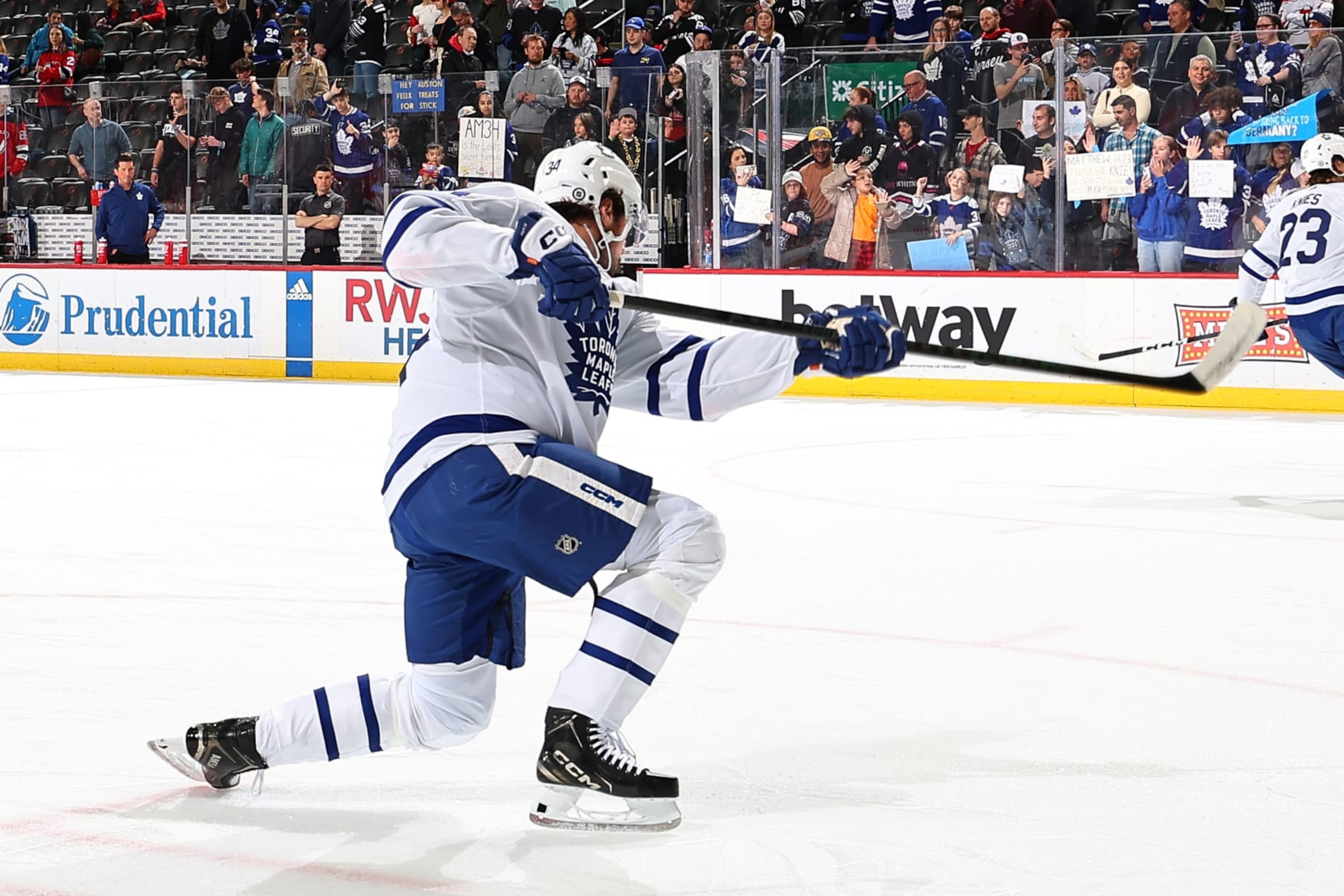 NEWARK, NJ - APRIL 09: Auston Matthews #34 of the Toronto Maple Leafs skates during warm up prior to the game against the New Jersey Devils at the Prudential Center on April 9, 2024 in Newark, New Jersey. (Photo by Rich Graessle/NHLI via Getty Images) NEWARK, NJ - APRIL 09: Auston Matthews #34 of the Toronto Maple Leafs skates during warm up prior to the game against the New Jersey Devils at the Prudential Center on April 9, 2024 in Newark, New Jersey. (Photo by Rich Graessle/NHLI via Getty Images)