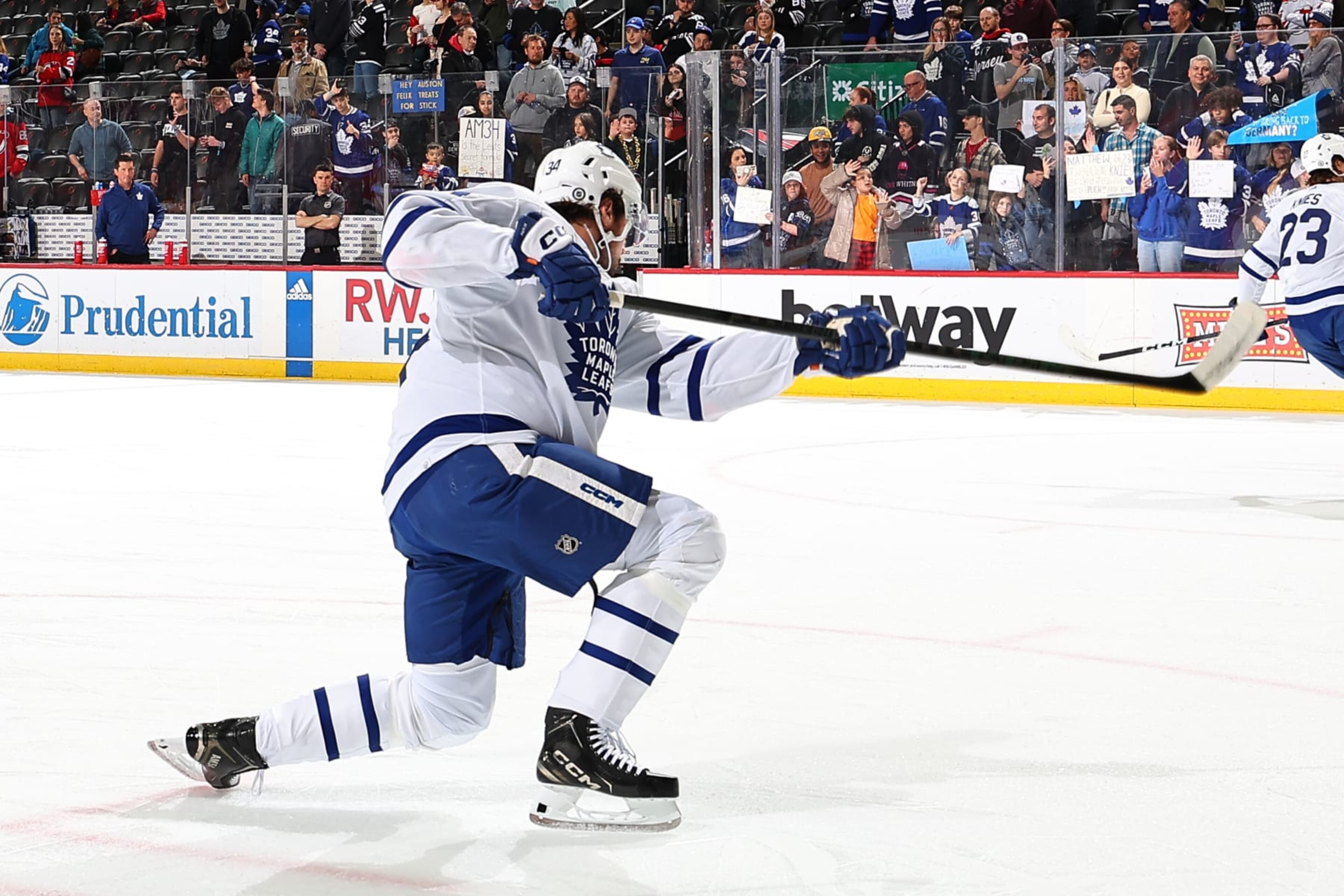 NEWARK, NJ - APRIL 09: Auston Matthews #34 of the Toronto Maple Leafs skates during warm up prior to the game against the New Jersey Devils at the Prudential Center on April 9, 2024 in Newark, New Jersey.  (Photo by Rich Graessle/NHLI via Getty Images)