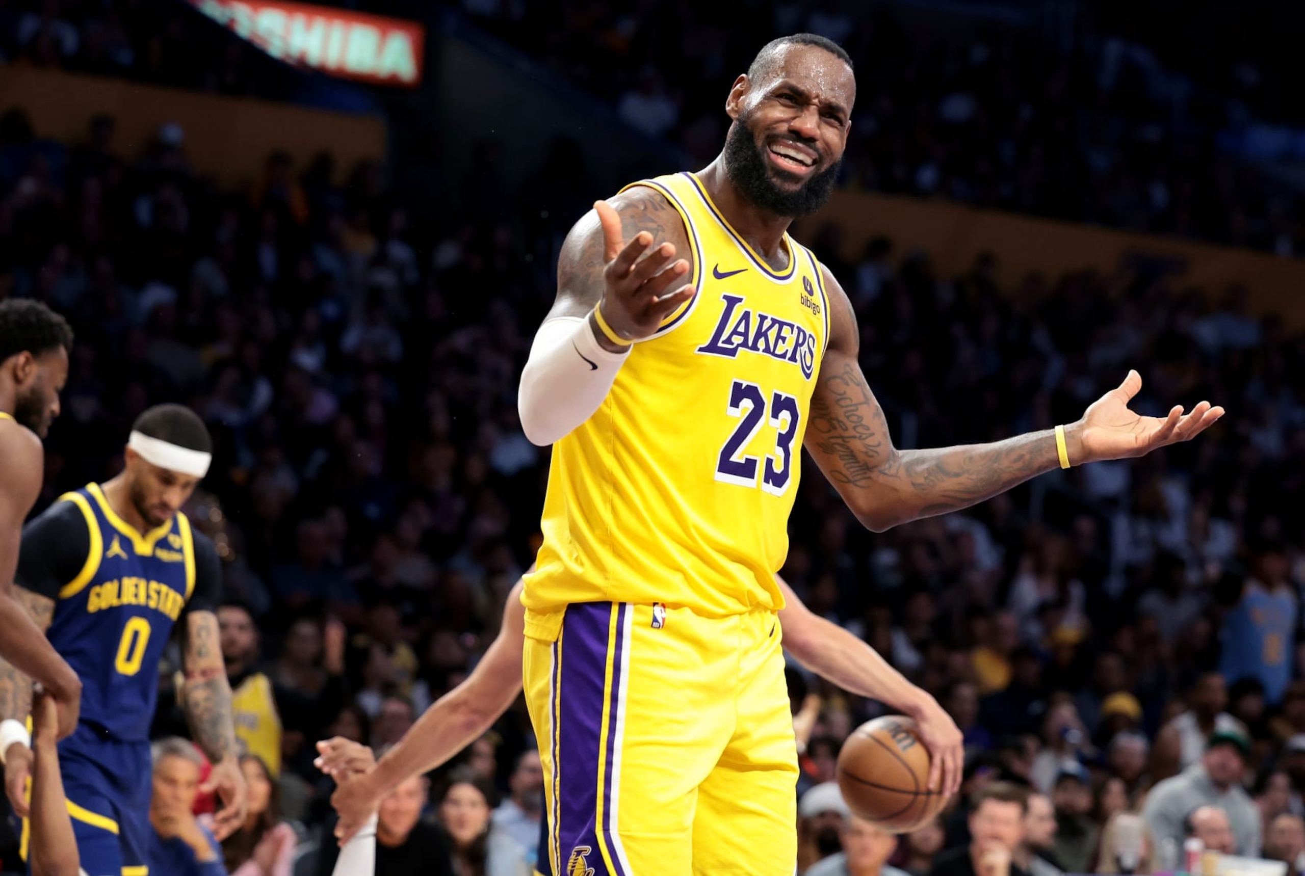 LOS ANGELES, CALIFORNIA - APRIL 9:  Lakers LeBron James disputes a call against the Warriors in the third quarter at Crypto.com Arena Tuesday. (Wally Skalij/Los Angeles Times via Getty Images)