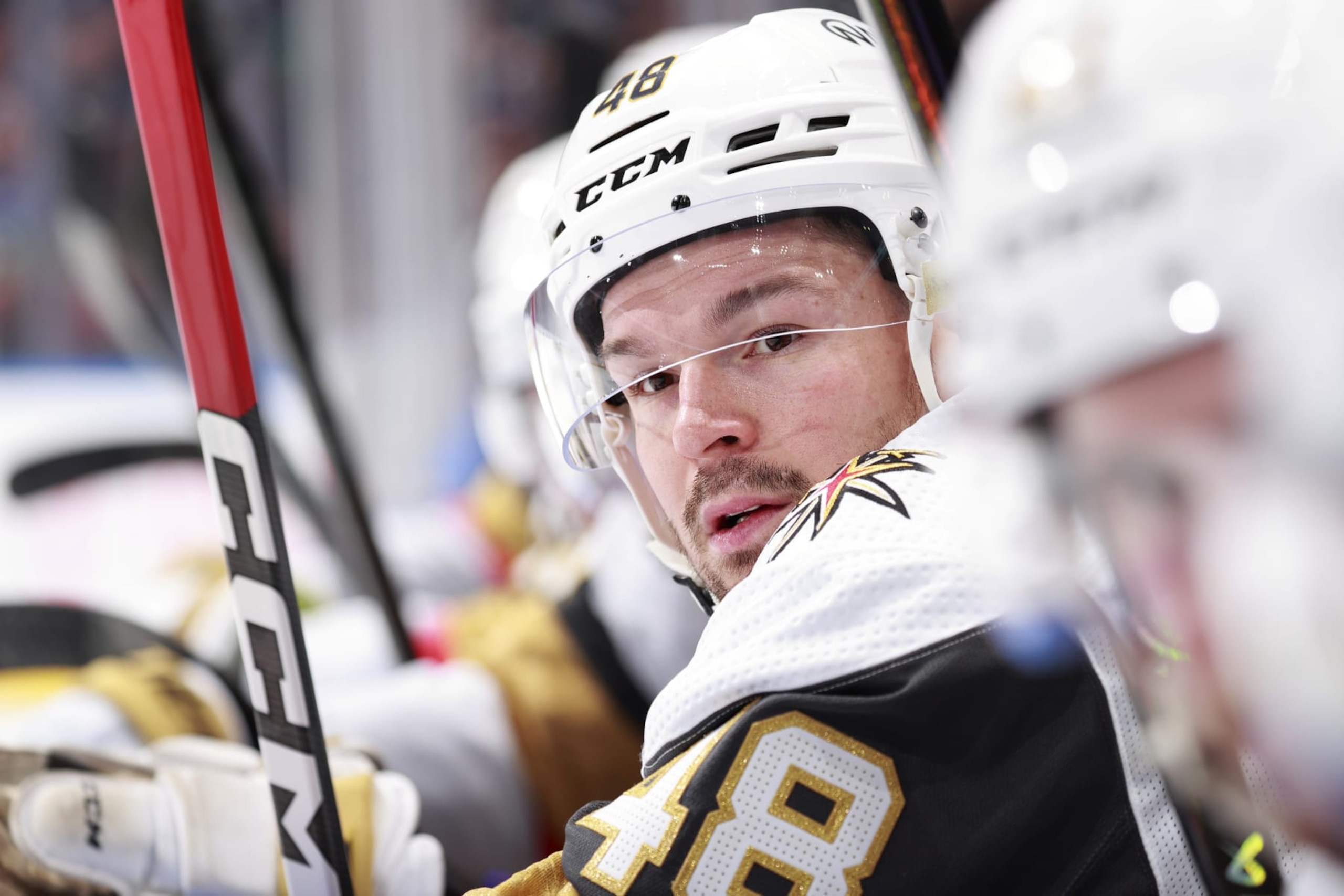 VANCOUVER, CANADA - APRIL 8: Tomas Hertl #48 of the Vegas Golden Knights looks on from the bench during their NHL game against the Vancouver Canucks at Rogers Arena on April 8, 2024 in Vancouver, British Columbia, Canada. (Photo by Jeff Vinnick/NHLI via Getty Images) VANCOUVER, CANADA - APRIL 8: Tomas Hertl #48 of the Vegas Golden Knights looks on from the bench during their NHL game against the Vancouver Canucks at Rogers Arena on April 8, 2024 in Vancouver, British Columbia, Canada. (Photo by Jeff Vinnick/NHLI via Getty Images)