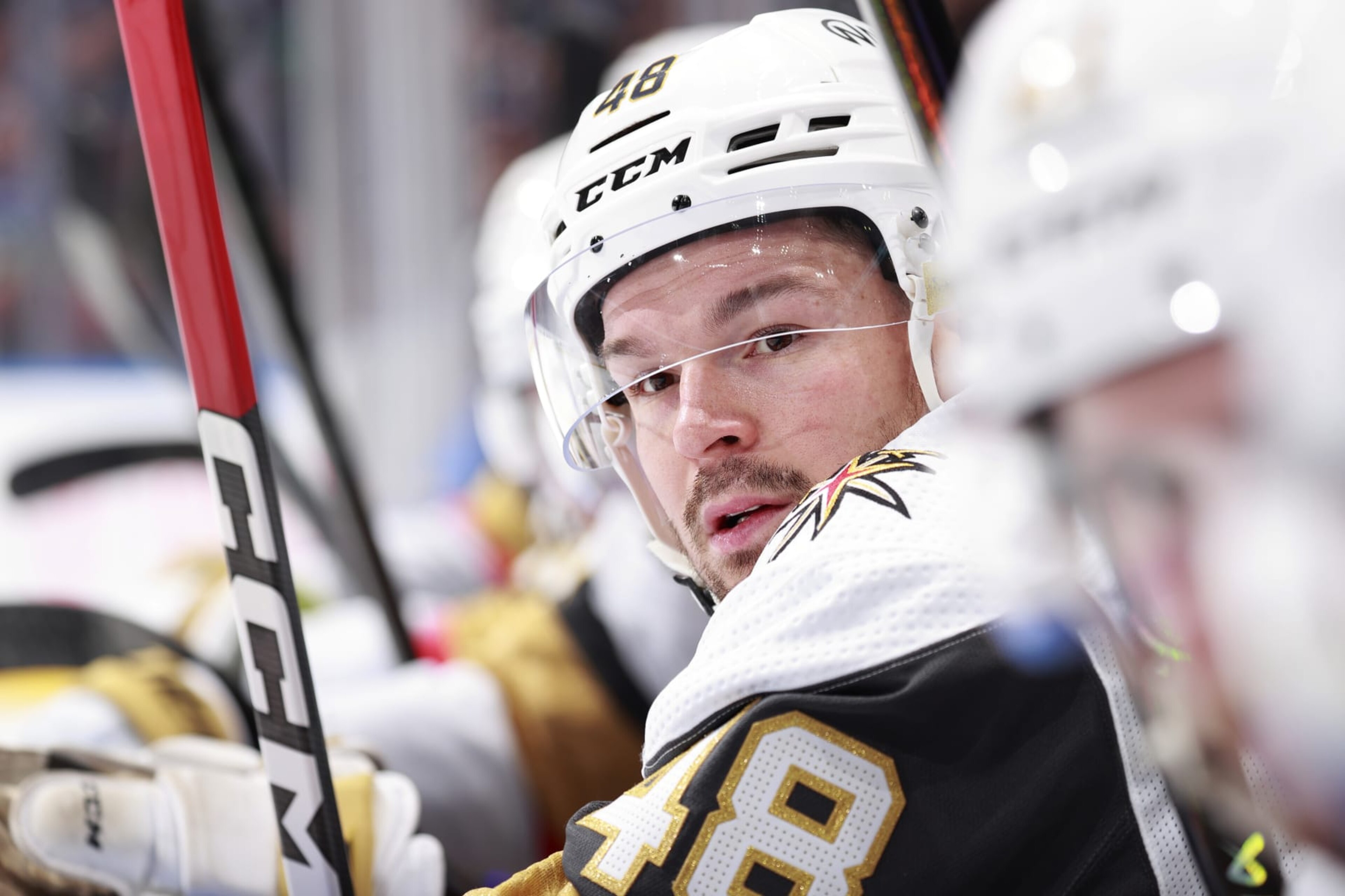VANCOUVER, CANADA - APRIL 8: Tomas Hertl #48 of the Vegas Golden Knights looks on from the bench during their NHL game against the Vancouver Canucks at Rogers Arena on April 8, 2024 in Vancouver, British Columbia, Canada.  (Photo by Jeff Vinnick/NHLI via Getty Images)
