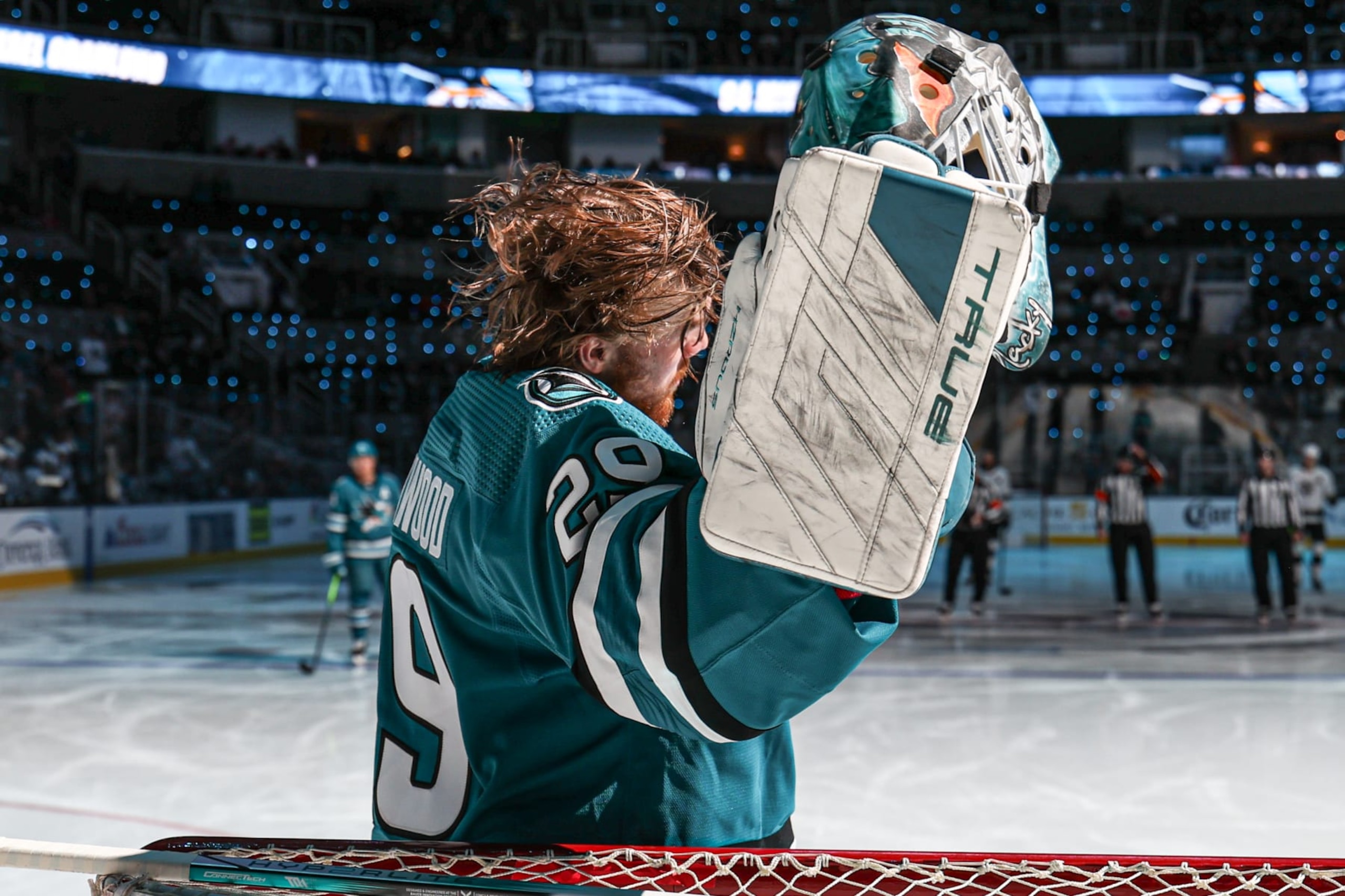 SAN JOSE, CA - APRIL 4: Mackenzie Blackwood #29 of the San Jose Sharks prepares in net before a game against the Los Angeles Kings at SAP Center on April 4, 2024 in San Jose, California. (Photo by Panayiota Good/NHLI via Getty Images) SAN JOSE, CA - APRIL 4: Mackenzie Blackwood #29 of the San Jose Sharks prepares in net before a game against the Los Angeles Kings at SAP Center on April 4, 2024 in San Jose, California. (Photo by Panayiota Good/NHLI via Getty Images)