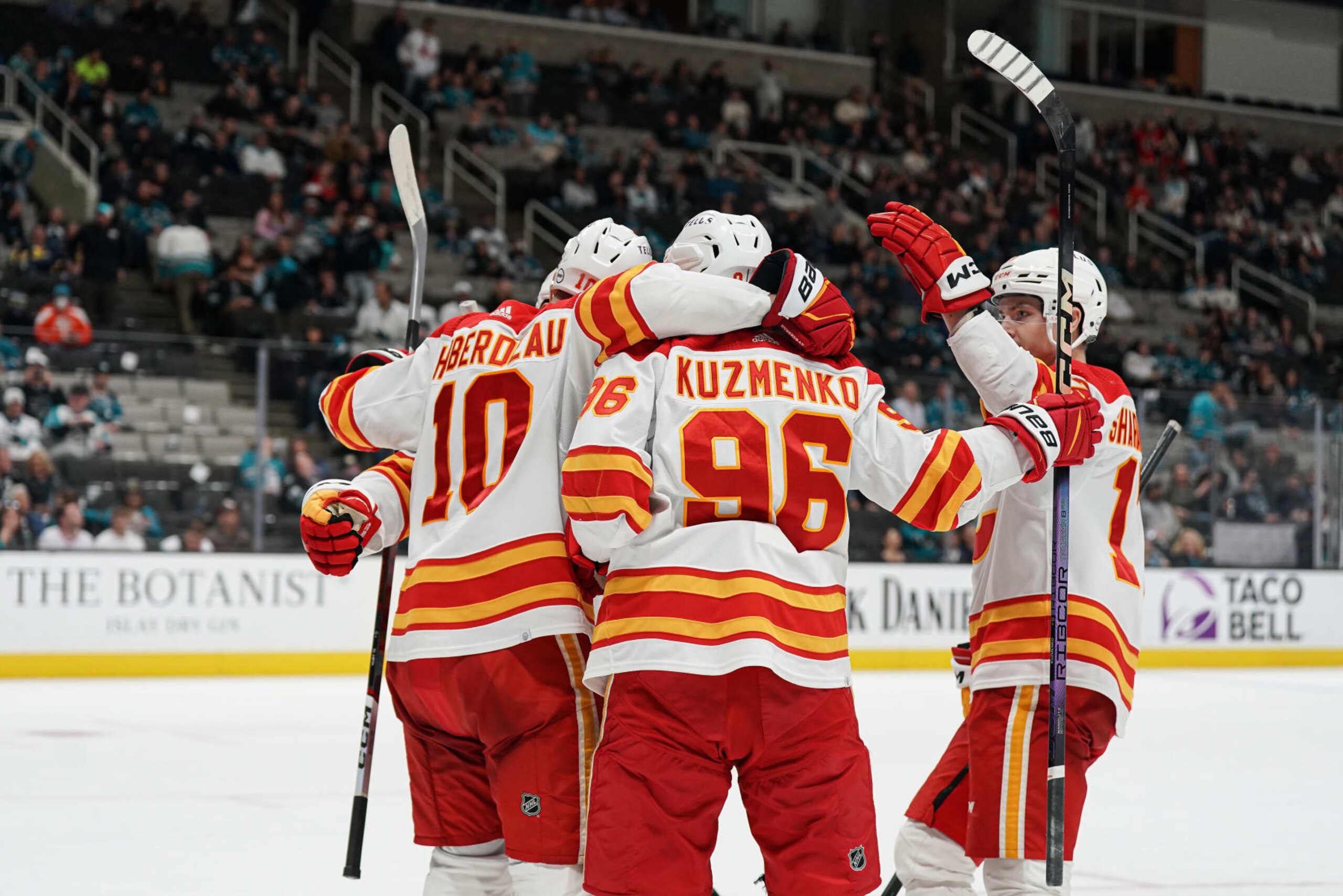 SAN JOSE, CA - APRIL 9: Andrei Kuzmenko #96 of the Calgary Flames celebrates scoring the overtime game-winning goal against the San Jose Sharks at SAP Center on April 9, 2024 in San Jose, California. (Photo by Kavin Mistry/NHLI via Getty Images) SAN JOSE, CA - APRIL 9: Andrei Kuzmenko #96 of the Calgary Flames celebrates scoring the overtime game-winning goal against the San Jose Sharks at SAP Center on April 9, 2024 in San Jose, California. (Photo by Kavin Mistry/NHLI via Getty Images)