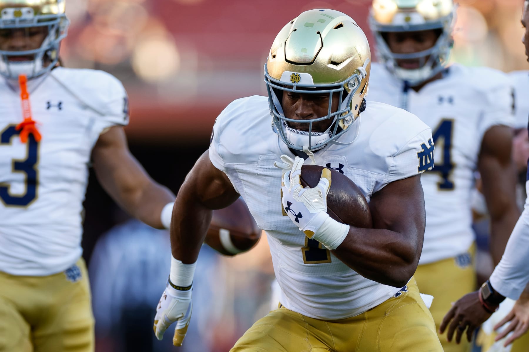 STANFORD, CALIFORNIA - NOVEMBER 25: Audric Estime #7 of the Notre Dame Fighting Irish takes part in warm ups prior to a game against the Stanford Cardinal at Stanford Stadium on November 25, 2023 in Stanford, California. (Photo by Brandon Sloter/Image Of Sport/Getty Images)