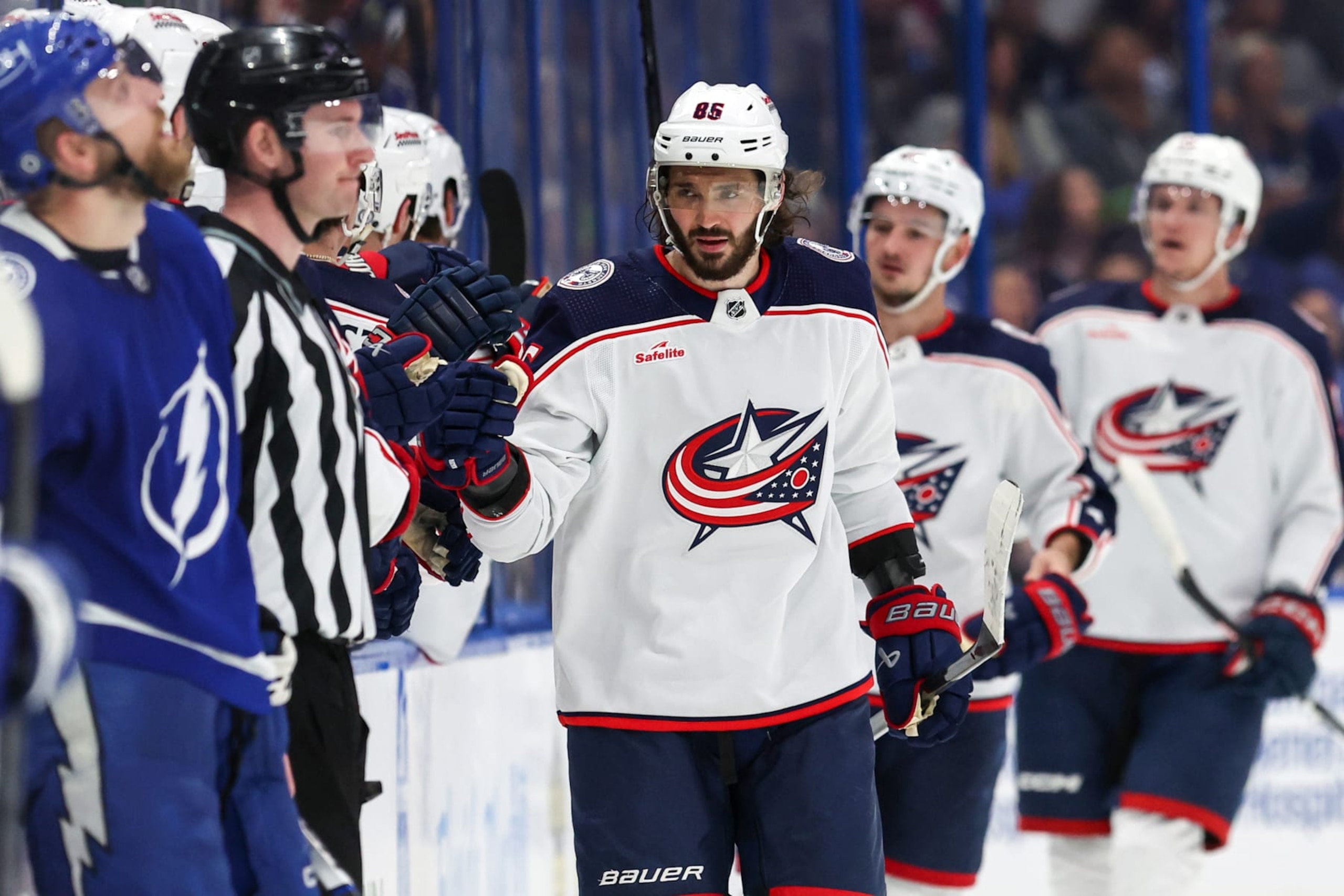 TAMPA, FL - APRIL 9: Kirill Marchenko #86 of the Columbus Blue Jackets celebrates his goal against the Tampa Bay Lightning during the second period at the Amalie Arena on April 9, 2024 in Tampa, Florida. (Photo by Mike Carlson/Getty Images) TAMPA, FL - APRIL 9: Kirill Marchenko #86 of the Columbus Blue Jackets celebrates his goal against the Tampa Bay Lightning during the second period at the Amalie Arena on April 9, 2024 in Tampa, Florida. (Photo by Mike Carlson/Getty Images)