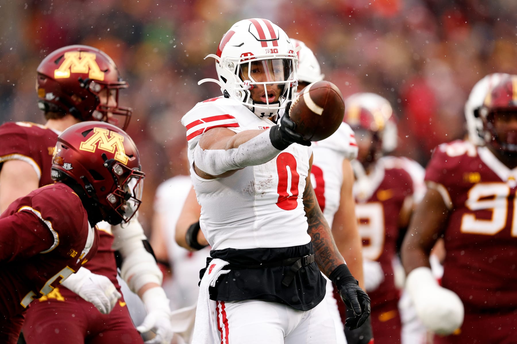 MINNEAPOLIS, MINNESOTA - NOVEMBER 25: Braelon Allen #0 of the Wisconsin Badgers celebrates against the Minnesota Golden Gophers in the first half at Huntington Bank Stadium on November 25, 2023 in Minneapolis, Minnesota. The Badgers defeated the Golden Gophers 28-14. (Photo by David Berding/Getty Images)