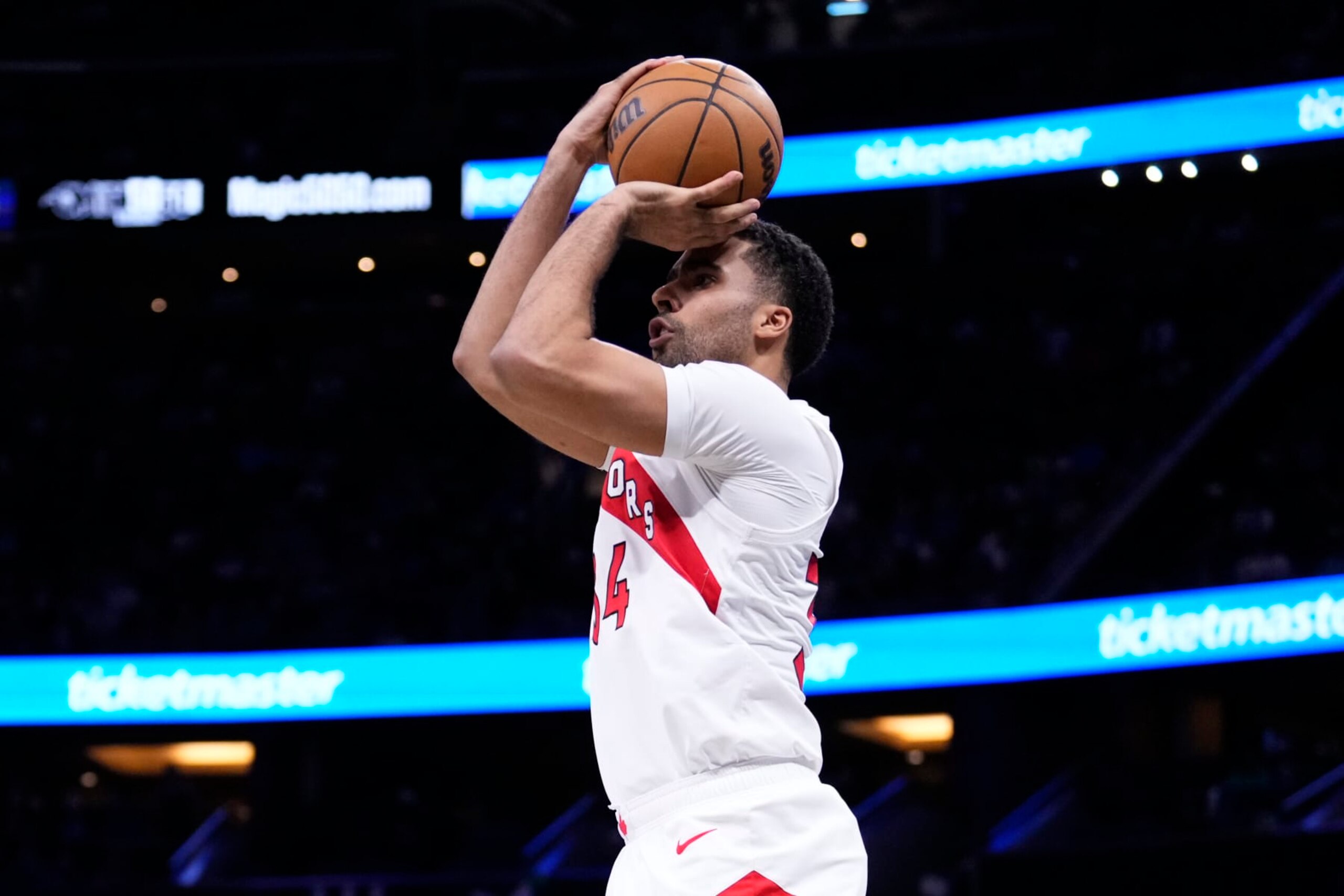ORLANDO, FLORIDA - MARCH 17: Jontay Porter #34 of the Toronto Raptors goes up for a shot against against the Orlando Magic during the third quarter at Kia Center on March 17, 2024 in Orlando, Florida. NOTE TO USER: User expressly acknowledges and agrees that, by downloading and or using this photograph, User is consenting to the terms and conditions of the Getty Images License Agreement. (Photo by Rich Storry/Getty Images) ORLANDO, FLORIDA - MARCH 17: Jontay Porter #34 of the Toronto Raptors goes up for a shot against against the Orlando Magic during the third quarter at Kia Center on March 17, 2024 in Orlando, Florida. NOTE TO USER: User expressly acknowledges and agrees that, by downloading and or using this photograph, User is consenting to the terms and conditions of the Getty Images License Agreement. (Photo by Rich Storry/Getty Images)
