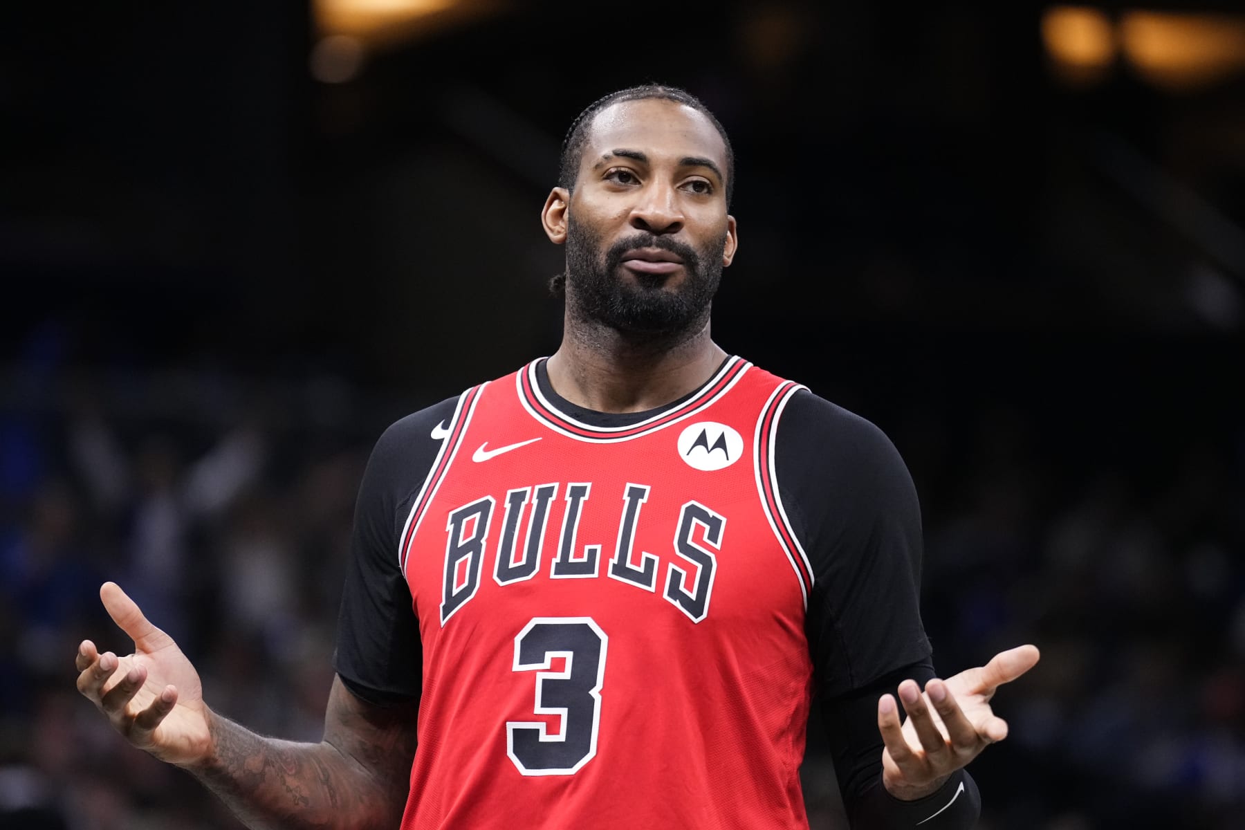 ORLANDO, FLORIDA - APRIL 07: Andre Drummond #3 of the Chicago Bulls reacts against the Orlando Magic during the third quarter at Kia Center on April 07, 2024 in Orlando, Florida. NOTE TO USER: User expressly acknowledges and agrees that, by downloading and or using this photograph, User is consenting to the terms and conditions of the Getty Images License Agreement. (Photo by Rich Storry/Getty Images)