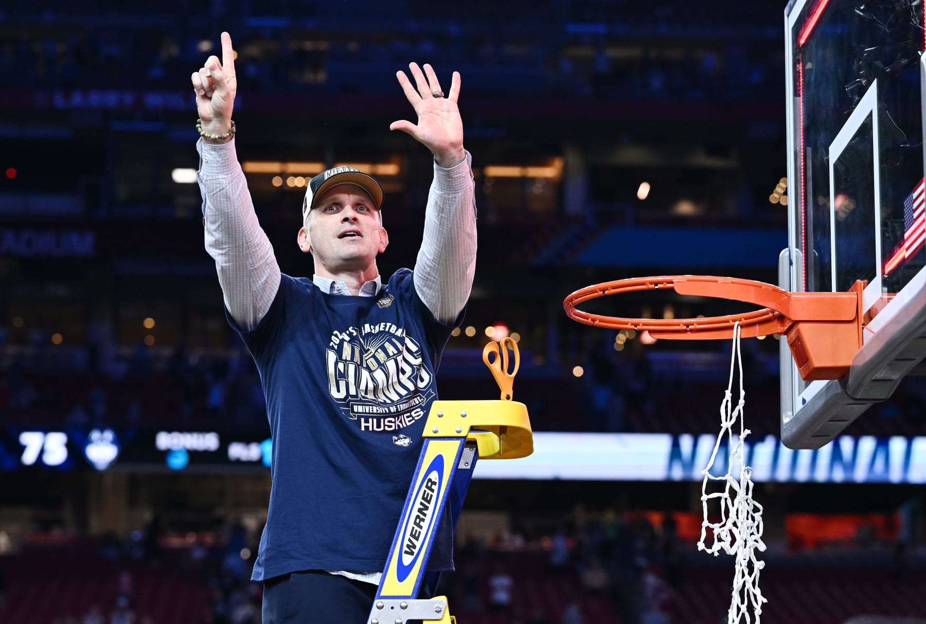 GLENDALE, ARIZONA - APRIL 08: head coach Dan Hurley of the Connecticut Huskies celebrates after defeating the Purdue Boilermakers in the NCAA Men's Basketball Tournament National Championship game at State Farm Stadium on April 08, 2024 in Glendale, Arizona. (Photo by Brett Wilhelm/NCAA Photos via Getty Images)
