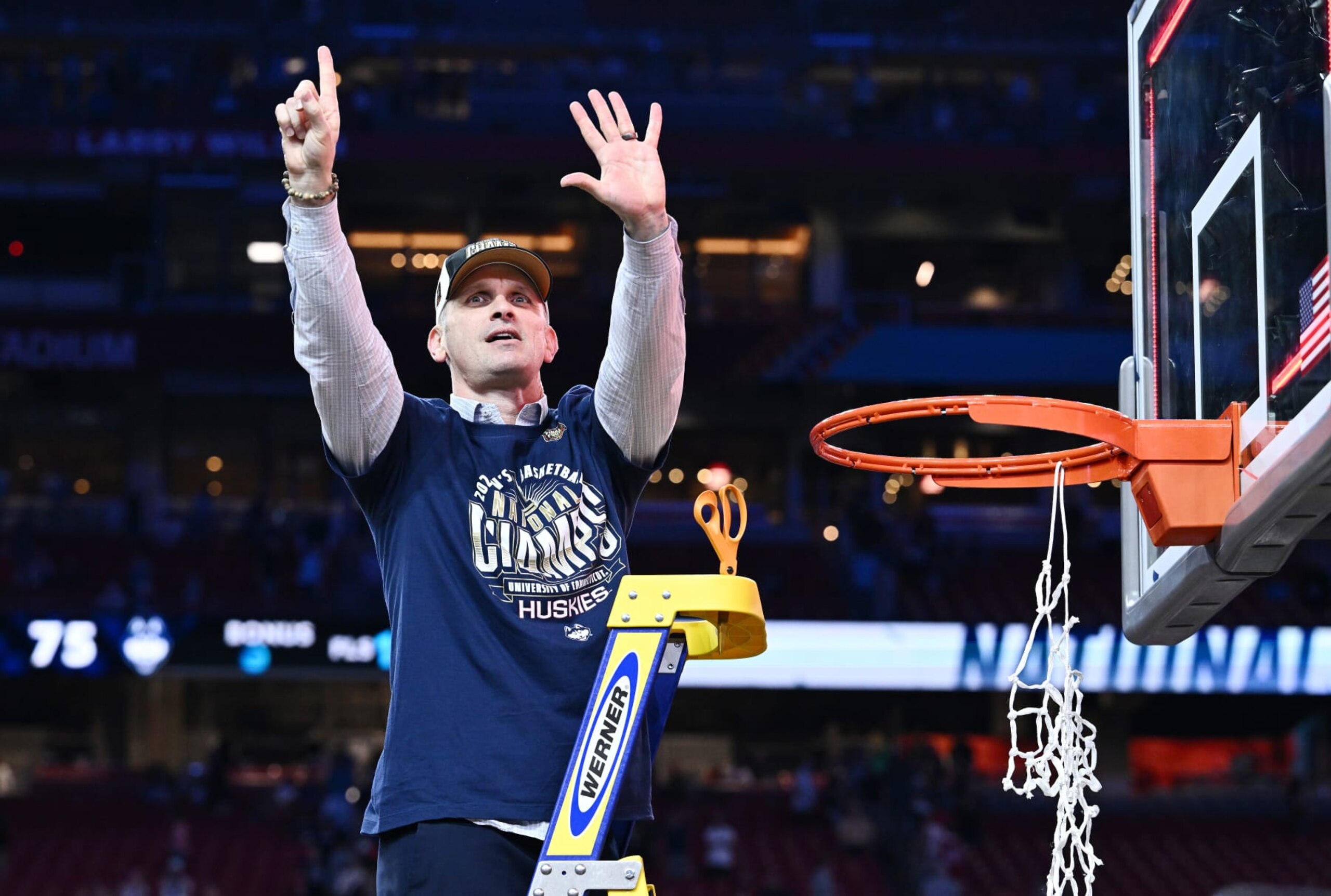 GLENDALE, ARIZONA - APRIL 08: head coach Dan Hurley of the Connecticut Huskies celebrates after defeating the Purdue Boilermakers in the NCAA Men's Basketball Tournament National Championship game at State Farm Stadium on April 08, 2024 in Glendale, Arizona. (Photo by Brett Wilhelm/NCAA Photos via Getty Images)