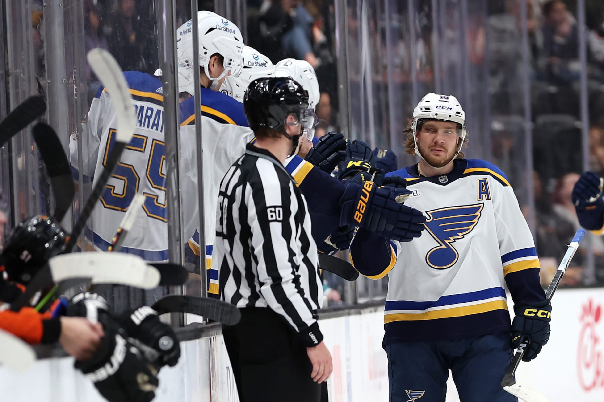ANAHEIM, CALIFORNIA - APRIL 07: Robert Thomas #18 of the St. Louis Blues is congratulated at the bench after scoring a goal during the second period of a game against the Anaheim Ducks at Honda Center on April 07, 2024 in Anaheim, California. (Photo by Sean M. Haffey/Getty Images) ANAHEIM, CALIFORNIA - APRIL 07: Robert Thomas #18 of the St. Louis Blues is congratulated at the bench after scoring a goal during the second period of a game against the Anaheim Ducks at Honda Center on April 07, 2024 in Anaheim, California. (Photo by Sean M. Haffey/Getty Images)