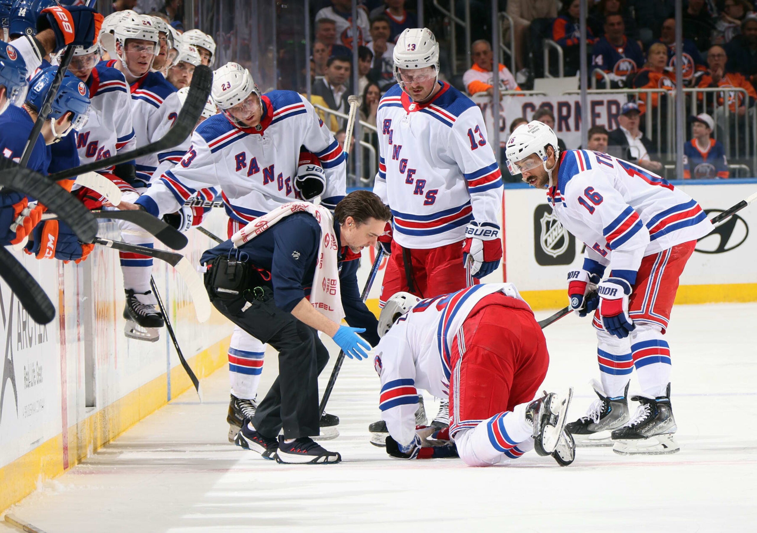 ELMONT, NEW YORK - APRIL 09: Mika Zibanejad #93 of the New York Rangers is injured during a third period collision with Adam Pelech #3 of the New York Islanders at UBS Arena on April 09, 2024 in Elmont, New York. (Photo by Bruce Bennett/Getty Images) ELMONT, NEW YORK - APRIL 09: Mika Zibanejad #93 of the New York Rangers is injured during a third period collision with Adam Pelech #3 of the New York Islanders at UBS Arena on April 09, 2024 in Elmont, New York. (Photo by Bruce Bennett/Getty Images)
