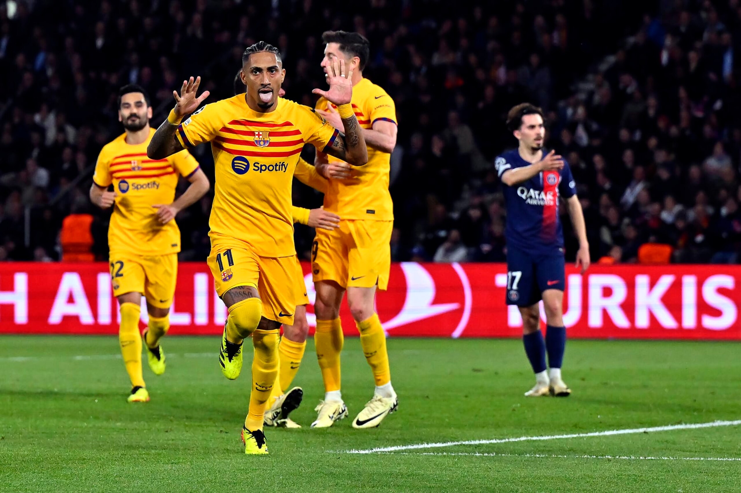 PARIS, FRANCE - APRIL 10: Raphinha of FC Barcelona reacts after scoring during the UEFA Champions League quarter-final first leg match between Paris Saint-Germain and FC Barcelona at Parc des Princes on April 10, 2024 in Paris, France. (Photo by Aurelien Meunier - PSG/PSG via Getty Images) (Photo by Aurelien Meunier - PSG/PSG via Getty Images)