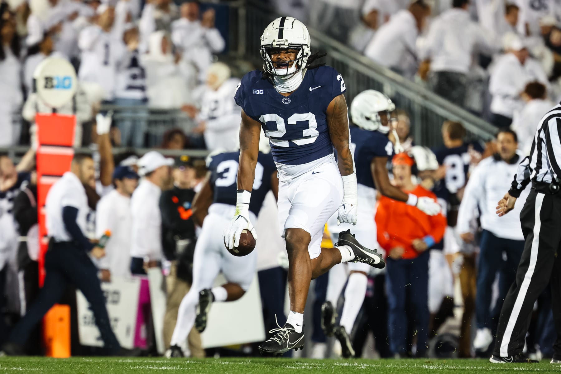 STATE COLLEGE, PA - SEPTEMBER 23: Curtis Jacobs #23 of the Penn State Nittany Lions celebrates after recovering a fumble against the Iowa Hawkeyes during the first half at Beaver Stadium on September 23, 2023 in State College, Pennsylvania. (Photo by Scott Taetsch/Getty Images)