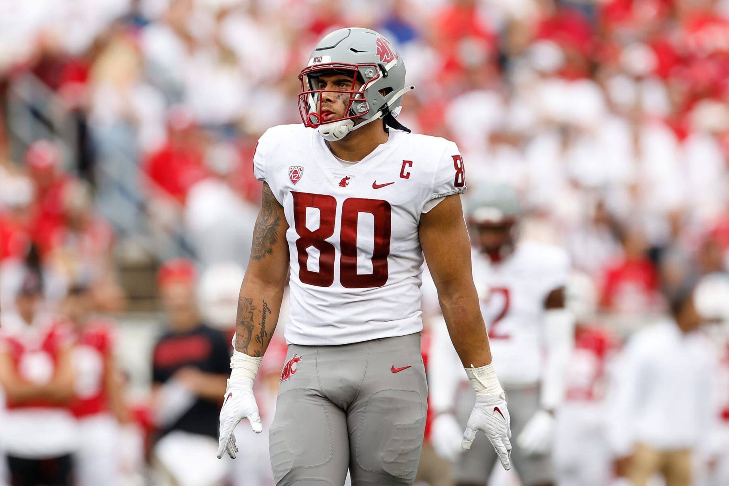 MADISON, WISCONSIN - SEPTEMBER 10: Brennan Jackson #80 of the Washington State Cougars before the snap against the Wisconsin Badgers at Camp Randall Stadium on September 10, 2022 in Madison, Wisconsin. (Photo by John Fisher/Getty Images)